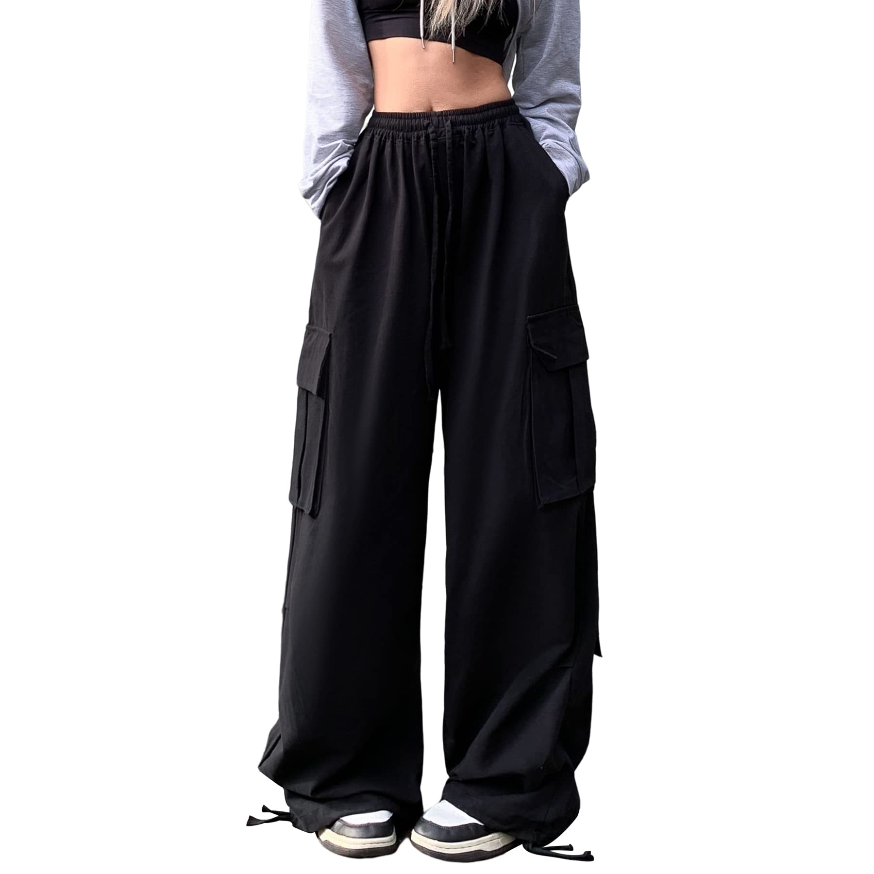 Linsennia Y2K Parachute Pants for Women - Wide Leg Cargo Trousers with Elastic Waist | Baggy Streetwear Pants | Perfect for Casual Outfits, Hip Hop Fashion & 90s Retro Style