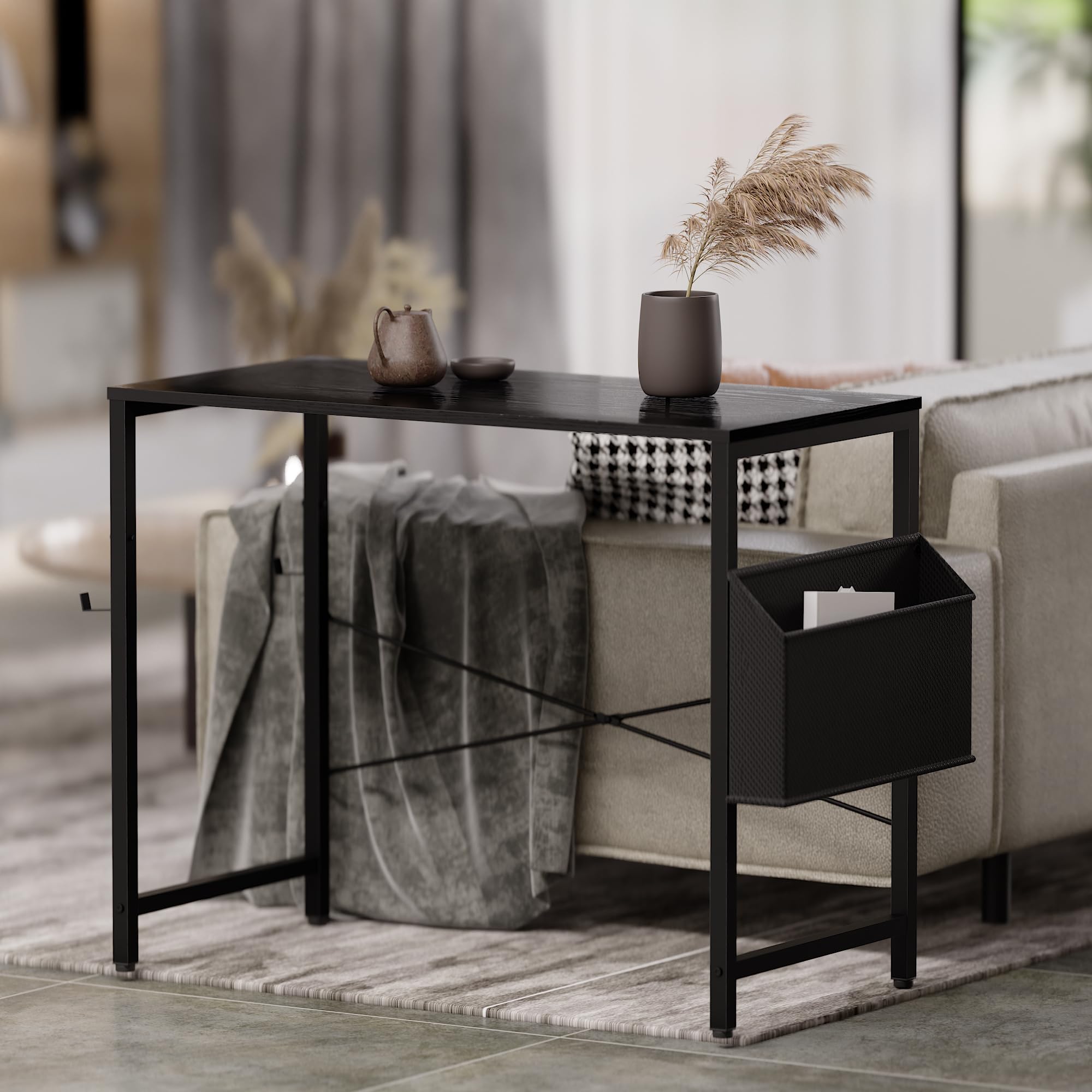 Pamray 32 Inch Small Space Computer Desk with Storage Bag & Headphone Hook - Compact Home Office Desk for Study, Writing & Work - Perfect for Apartments, Dorms & Small Spaces