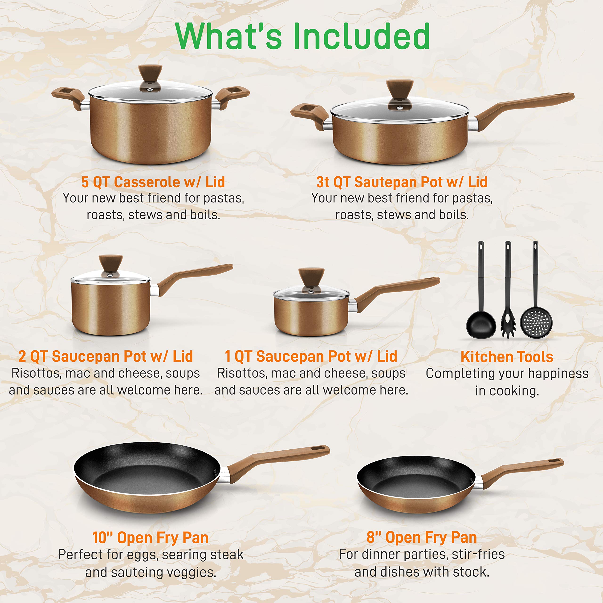 NutriChef 13-Piece Non-Stick Kitchen Cookware Set - Brown Pots & Pans for Cooking, Frying & Baking | Durable Stainless Steel Handles | Dishwasher Safe | Perfect for Home Chefs & Professional Kitchens