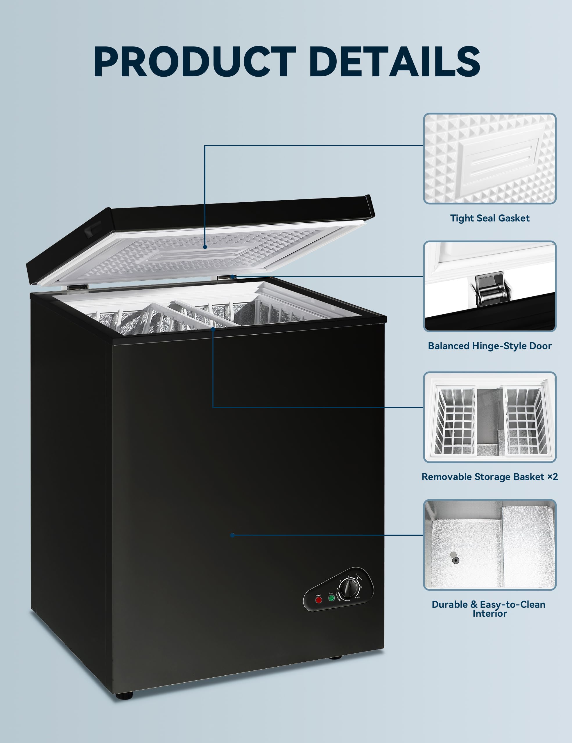 7.0 Cu Ft Energy Efficient Chest Freezer - Ultra Quiet Top Open Door Mini Deep Freezer with Adjustable 6 Thermostat Settings, Removable Storage Basket & Defrost Drain - Compact Small Freezer for Home, Apartment, Garage, Basement or RV Use - Perfect for Frozen Food Storage, Meal Prep & Bulk Buying