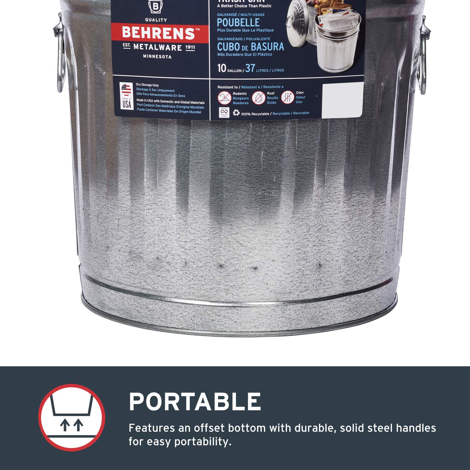 Behrens 6210 10-Gallon Galvanized Steel Trash Can - Heavy Duty Outdoor Garbage Bin for Home, Garage, Office & Commercial Use