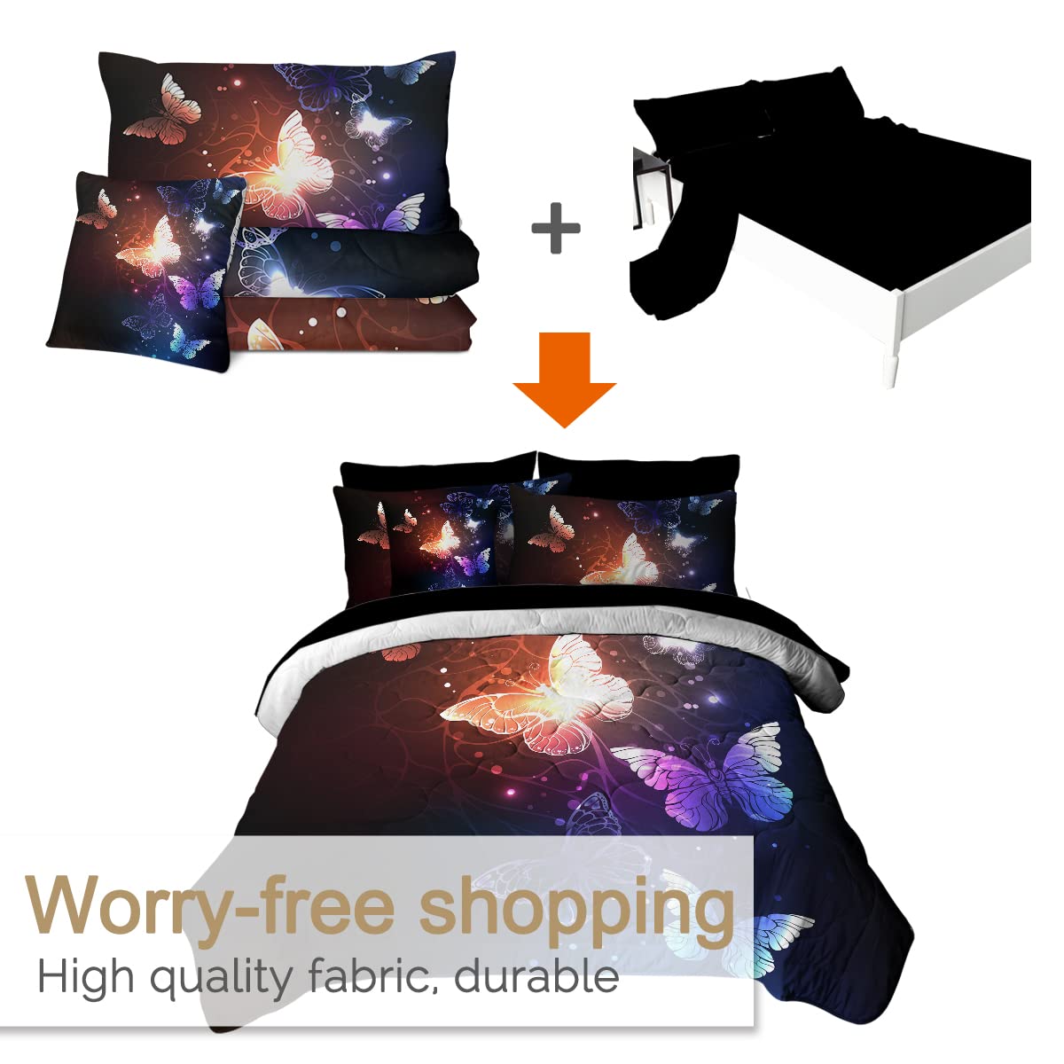 **BlessLiving 8-Piece Butterfly Comforter Set - Sparkle Bedding with Glow Butterflies, Dark Blue King Size Bed in a Bag (1 Comforter, 2 Shams, 1 Flat Sheet, 1 Fitted Sheet, 2 Pillowcases, 1 Cushion Cover) - Perfect for Bedroom Decor, Guest Room, and Luxury Home Styling**