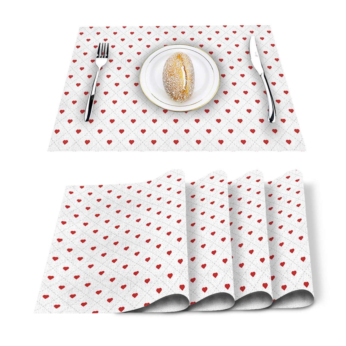 Valentine's Day Linen Placemats Set of 4 - Non-Slip Washable Kitchen Table Mats for Dining with Romantic Hearts Lattice Design | Perfect for Anniversary Dinners, Date Nights & Holiday Decor