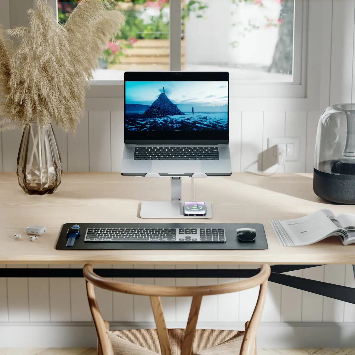 Premium Aluminum Laptop Stand with Qi Wireless Charger - Adjustable Ergonomic Computer Riser for MacBook, iPad & Office Workspace Setup