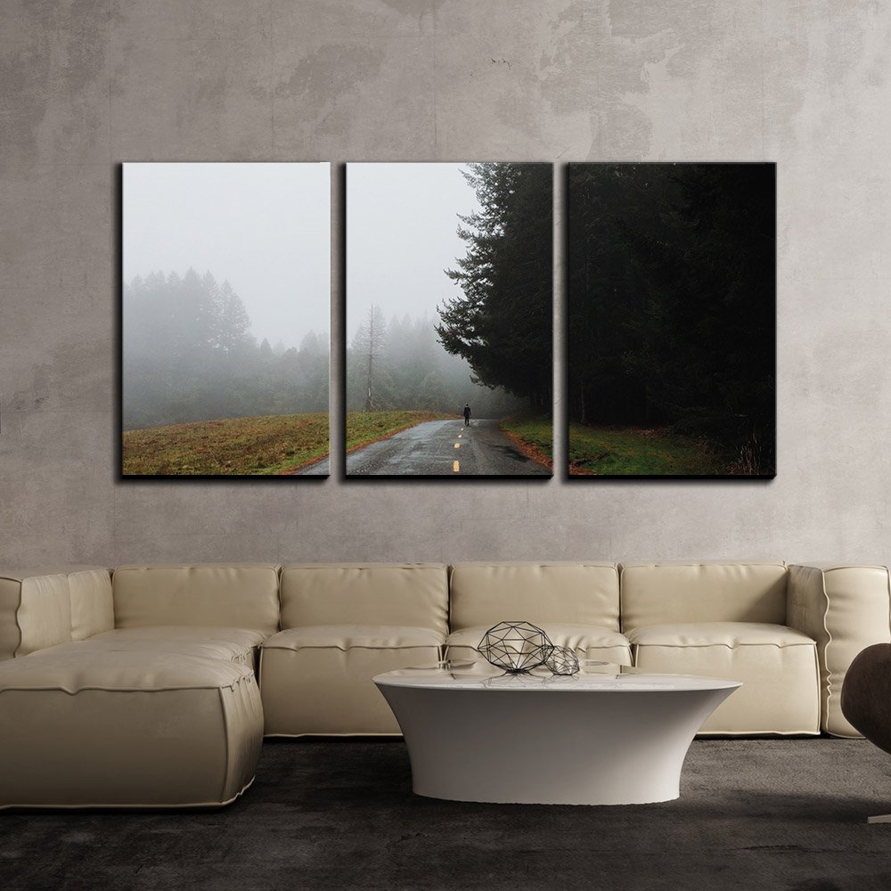 Wall26 - 3 Piece Canvas Wall Art Set - Man Walking on Foggy Road Landscape Painting - Modern Framed & Stretched Ready to Hang Home Decor - 24