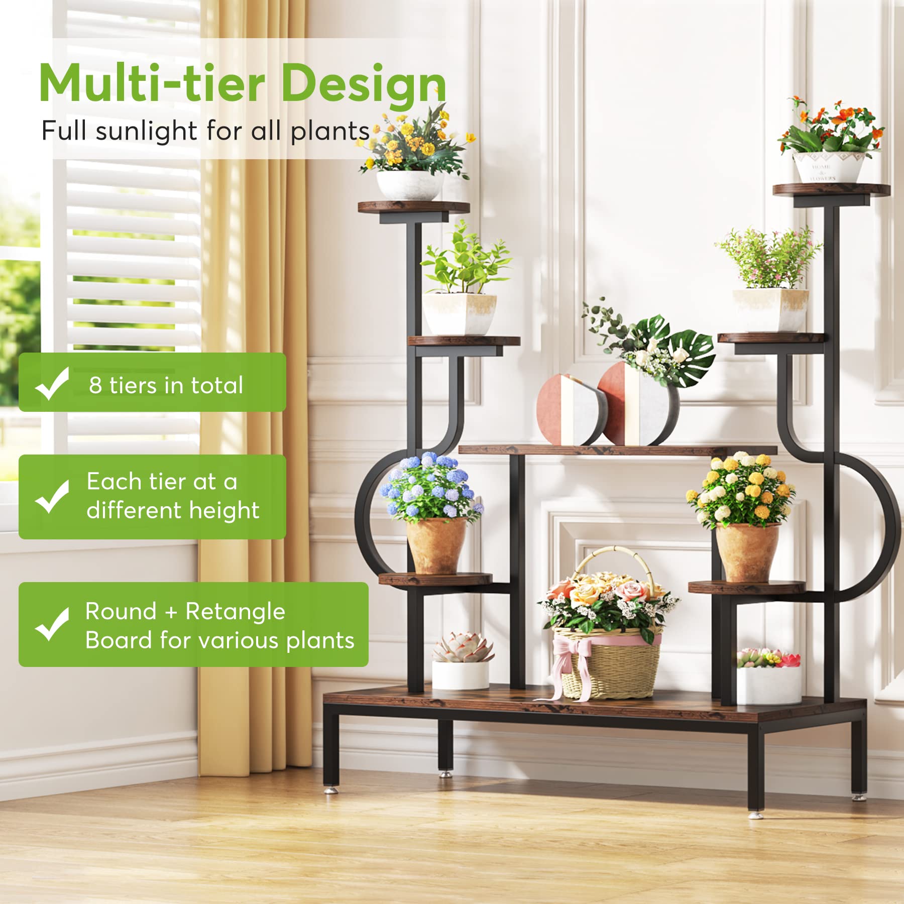 Tribesigns 8-Tier Metal Plant Stand - Tall Indoor/Outdoor Plant Shelf with Round & Square Boards for Multiple Plants - Rustic Brown & Black Flower Rack for Living Room, Patio, Balcony - Perfect for Home Decor, Garden Display & Small Space Organization