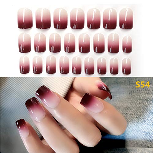 24 Pcs Square Artificial Fake Nails - Red Wine Gradient Color Long False Nails with Glue | Beautiful Nail Tips for Women & Girls | Perfect for Parties, Weddings & Special Occasions
