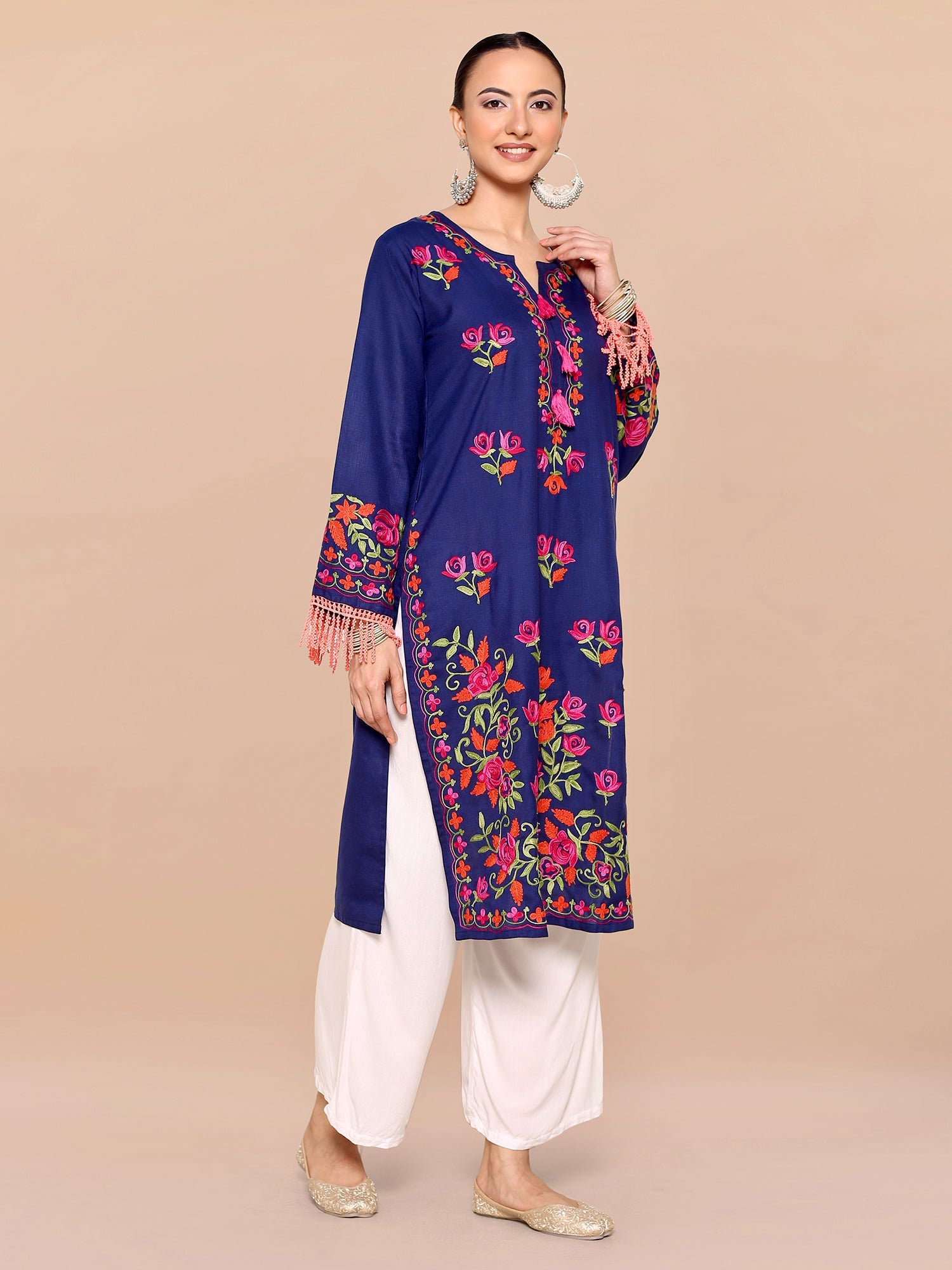 Falak Kashmiri Long Kurta for Women - Navy Blue Embroidered Cotton Tunic - Traditional Indian Pakistani Dress for Casual Wear & Festive Occasions