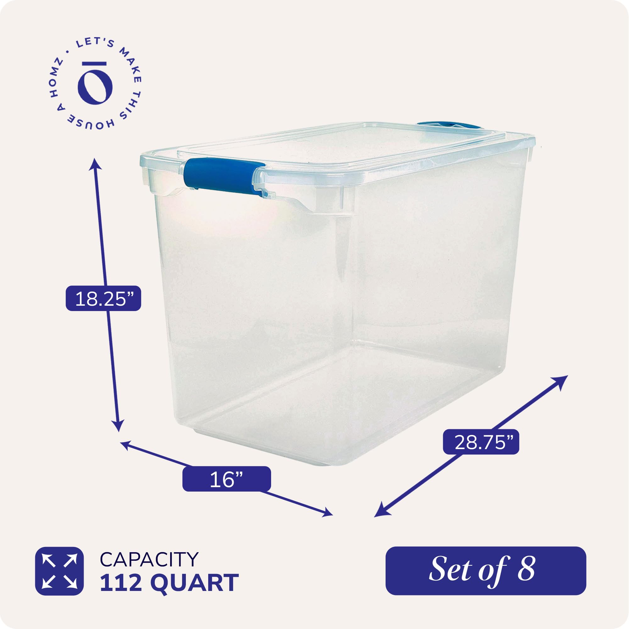 HOMZ 8-Pack Clear Plastic Storage Bins with Secure Blue Latches - 112 Quart Organizer Containers for Home, Office, Closet & Toy Organization