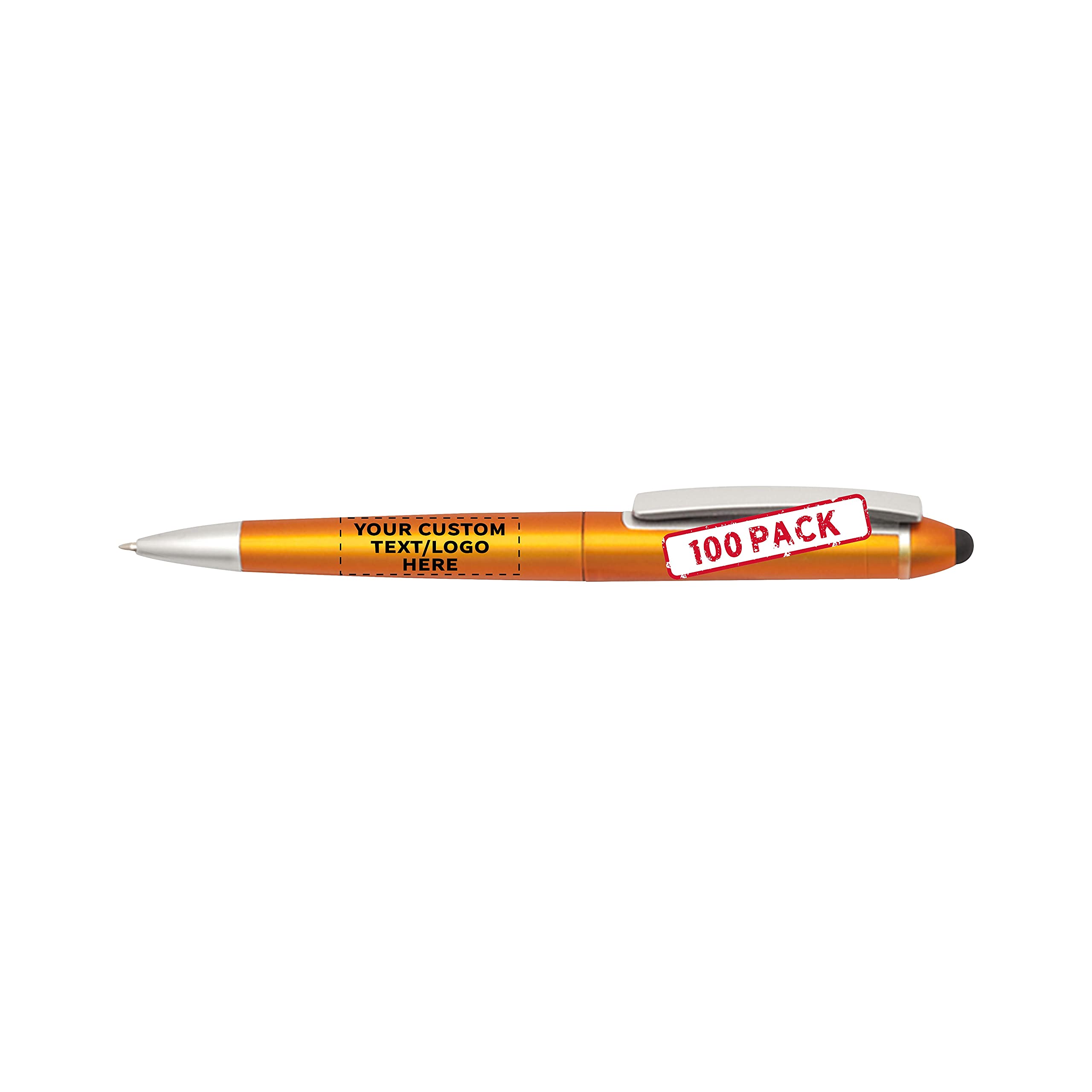 100 Pack Gillette Twist Action Plastic Stylus Pens with Black Ink - Custom Printed Text & Logo - Orange Barrel for Office, School & Business Promotional Gifts