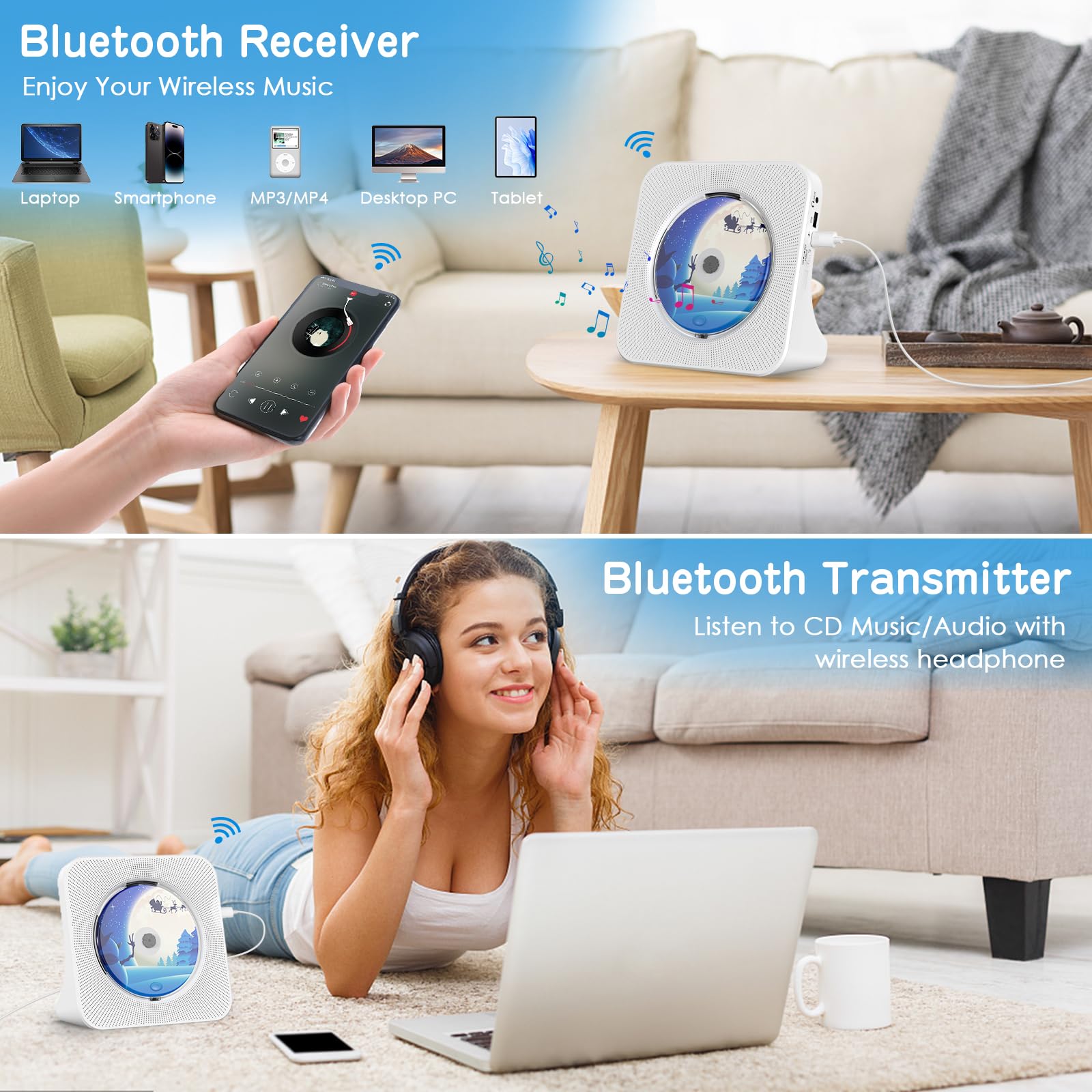 KOVCDVI Bluetooth CD Player with Speakers - 5.0 Wireless, Remote Control, FM Radio, USB/AUX Input, Digital Display & Dust Cover - Perfect for Home, Office & Desktop Music Playback (White)