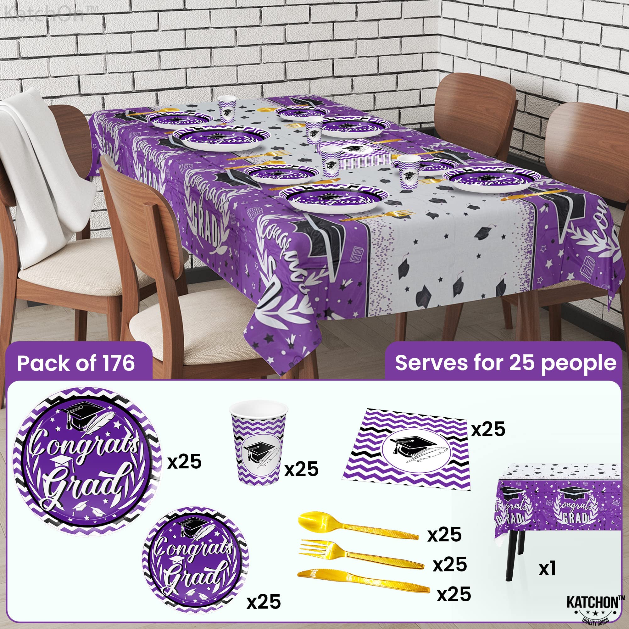 KatchOn 2024 Graduation Party Supplies Kit - 176-Piece Set (Plates, Napkins, Cups, Tablecloth) for 25 Guests | Purple Graduation Decorations 2025 | Perfect for High School & College Grad Parties, Commencement Celebrations & Graduation Dinners