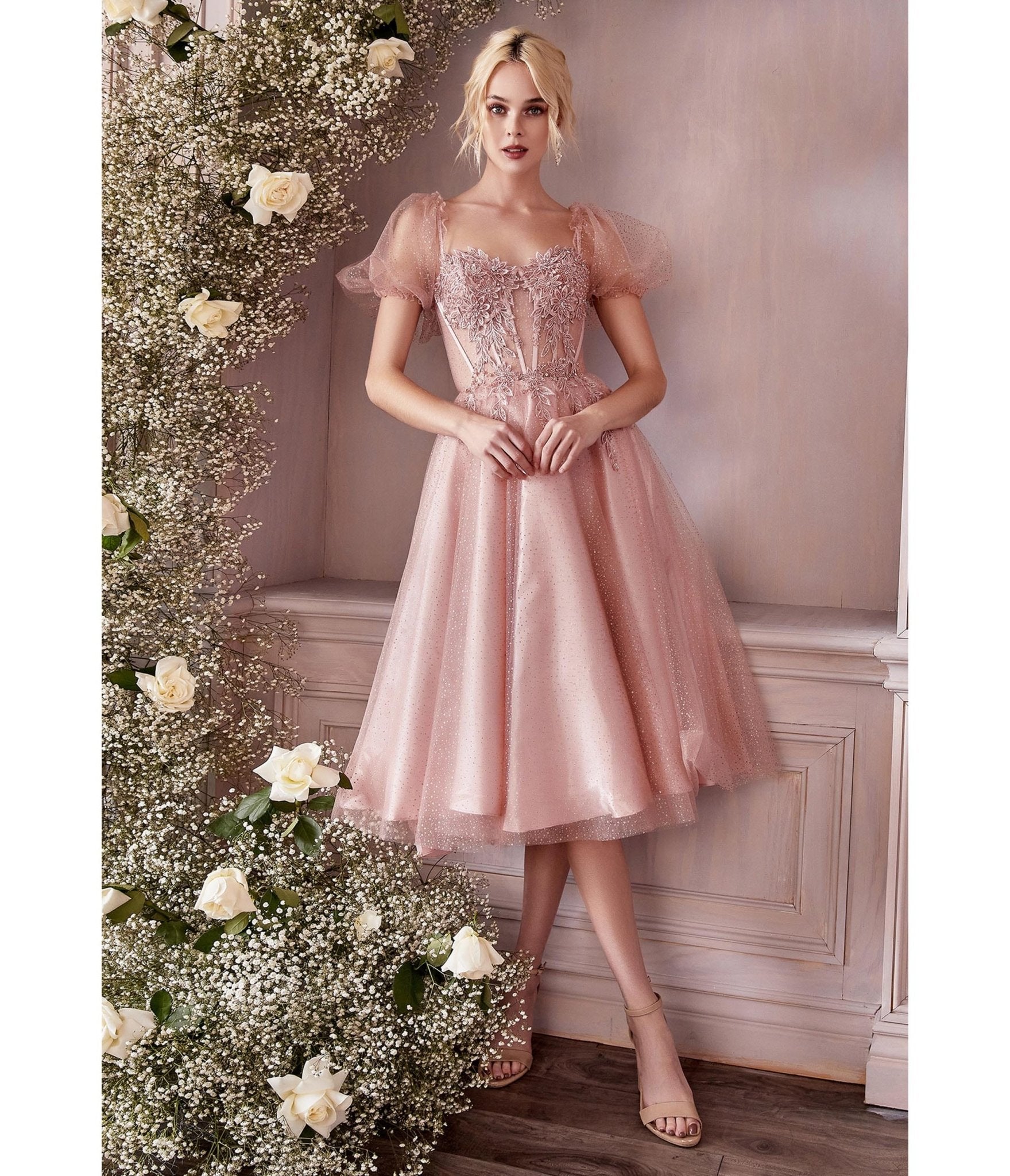 Cinderella Divine Blush Pink Glitter Floral Swing Prom Dress - Elegant Evening Gown for Homecoming, Wedding, Party & Special Occasions