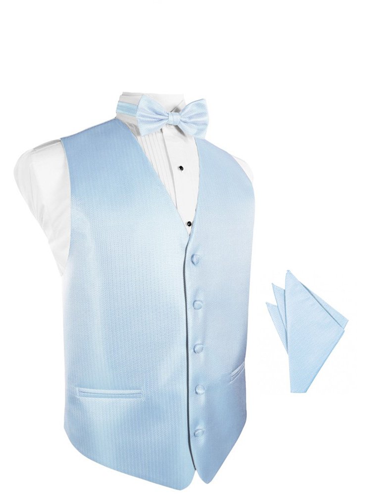 Elegant Powder Blue Herringbone Tuxedo Vest Set with Matching Bow Tie & Pocket Square | Formal Wedding Attire & Prom Outfit for Men