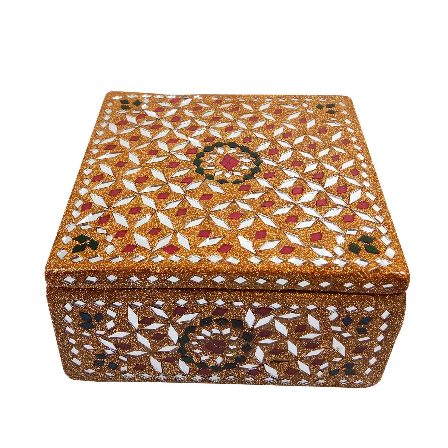 Handmade Gold Jewelry Box with Mirror - Lacquer Work Trinket Organizer Case by Award-Winning Artisan | Perfect for Gift, Wedding, and Jewelry Storage