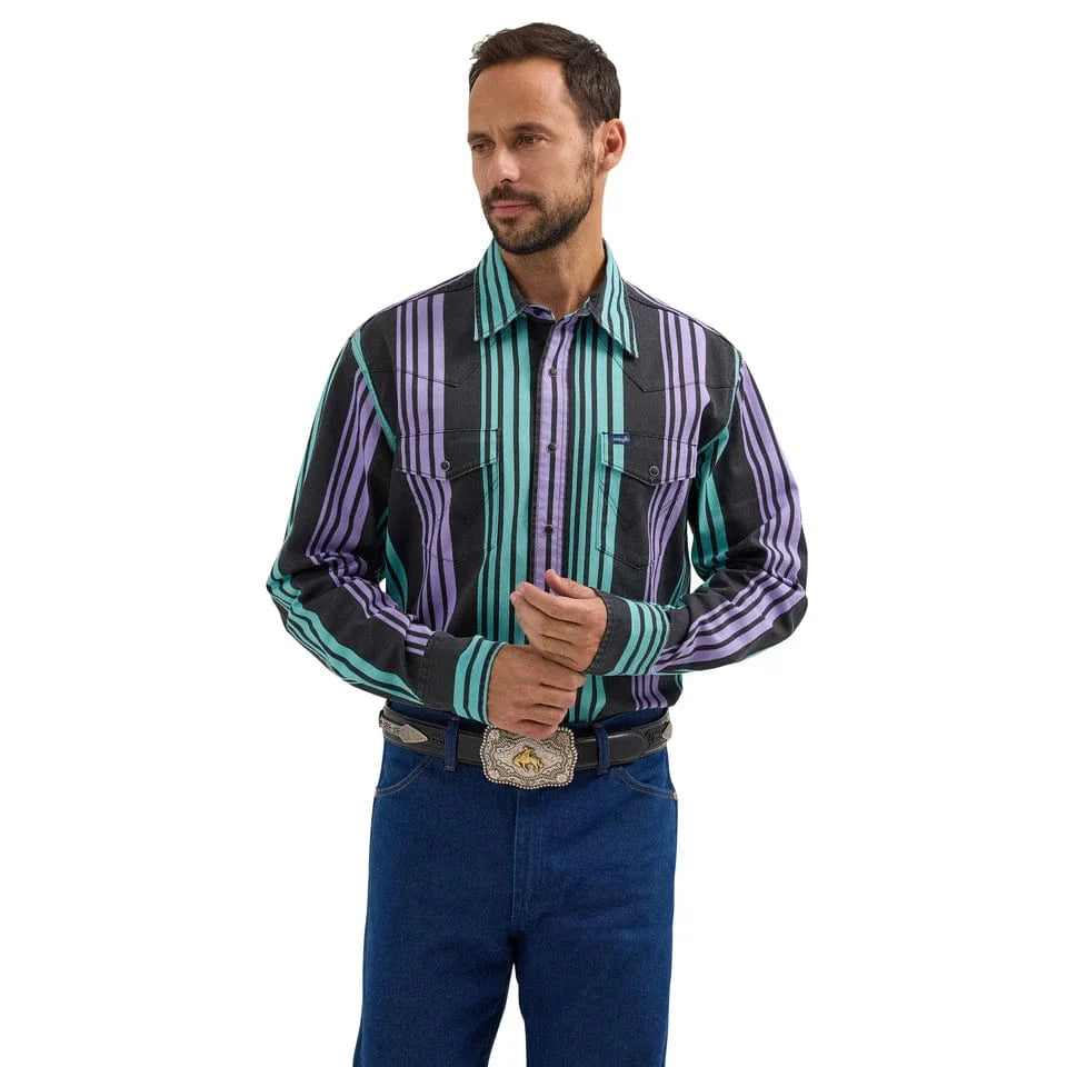 Vintage Wrangler Men's Long Sleeve Shirt - Purple & Blue Brushpopper Stripe for Casual Wear & Outdoor Adventures