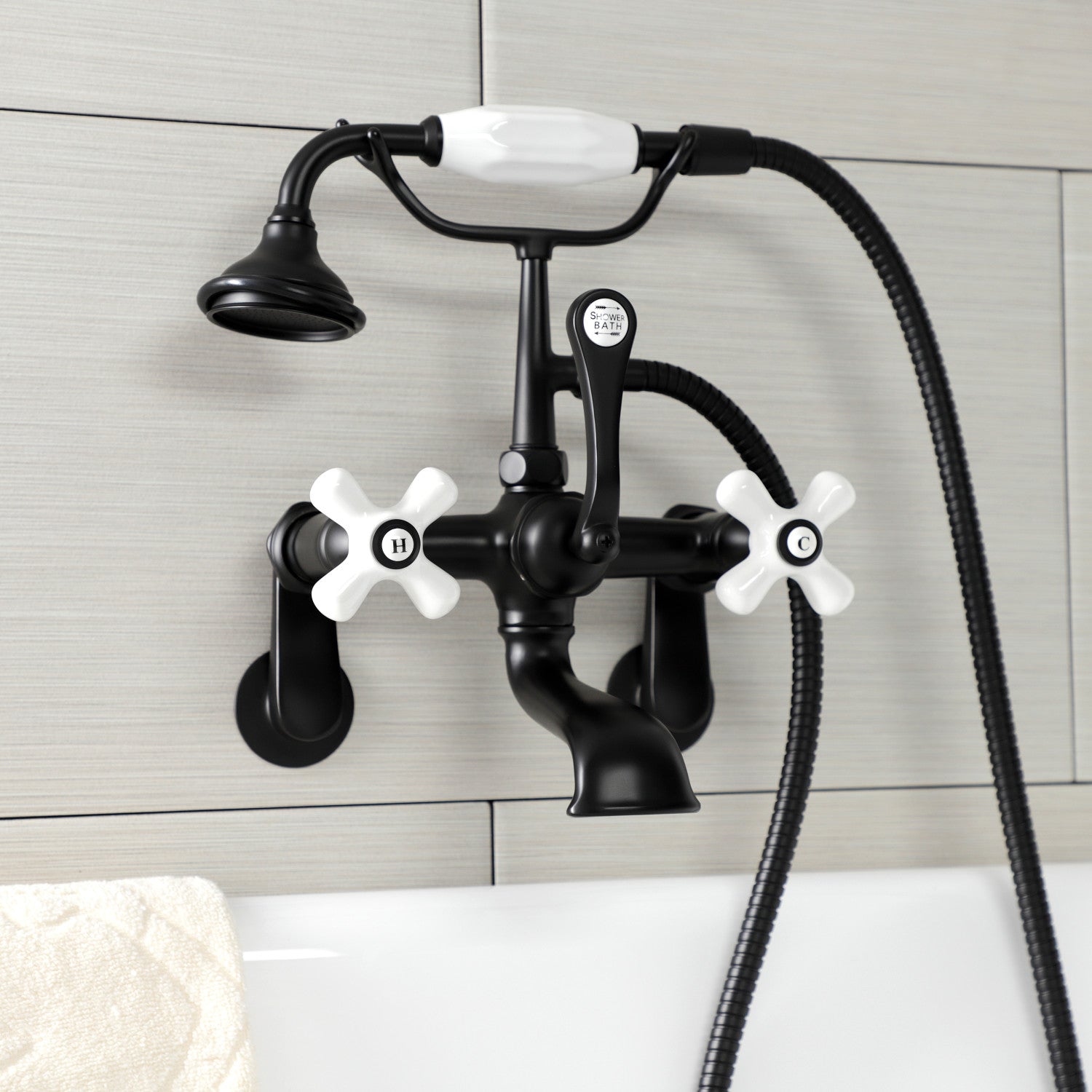 Vintage Matte Black Clawfoot Tub Faucet with Hand Shower - 3 Handle Wall Mount 2 Hole Design for Bathroom & Freestanding Tubs - Perfect for Classic Bathroom Renovations & Spa-Like Showers
