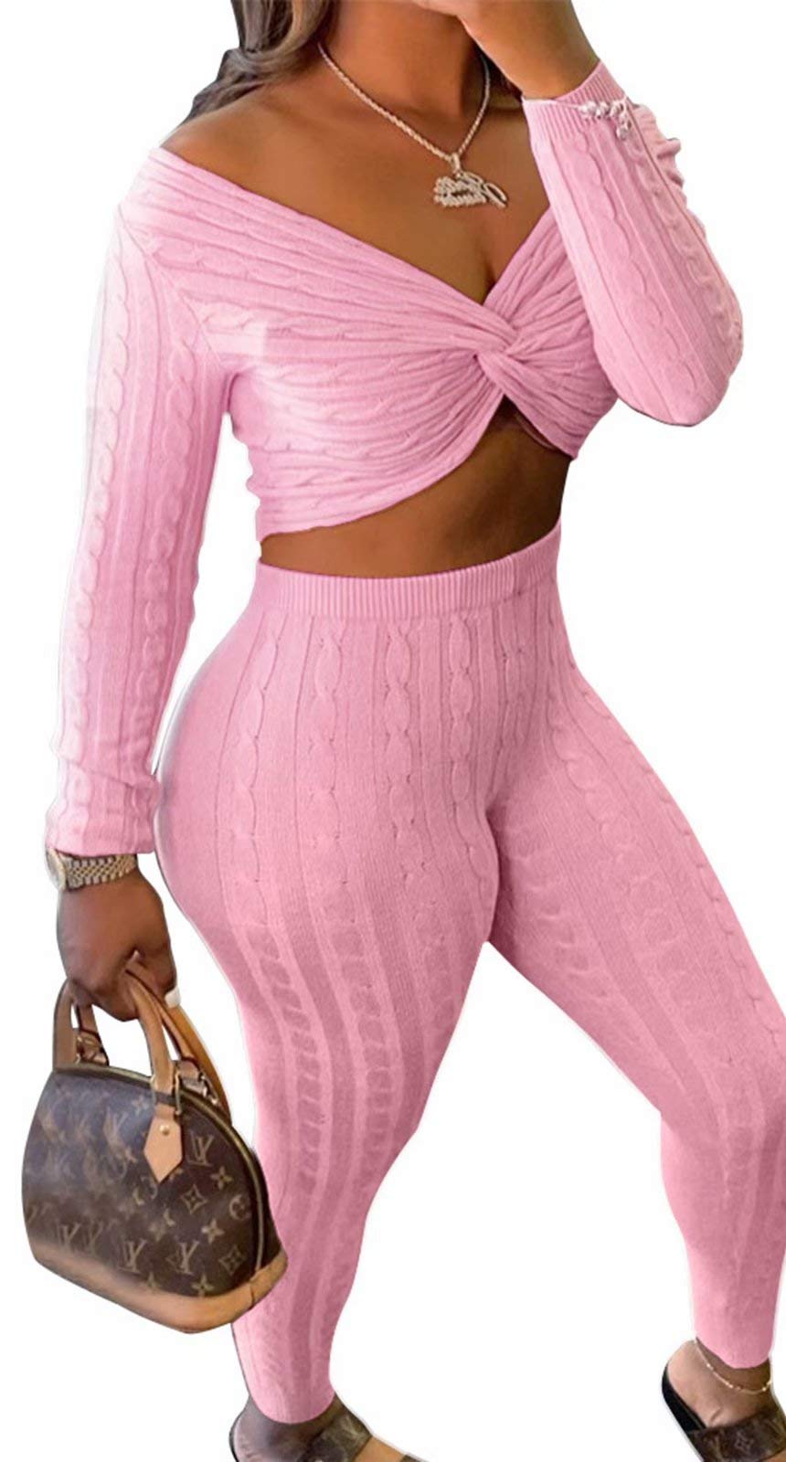 Women's Rib-Knit Off Shoulder Sweater Set with Crop Top & Lounge Pants - 2 Piece Outfits for Casual Wear, Home Comfort & Street Style Fashion