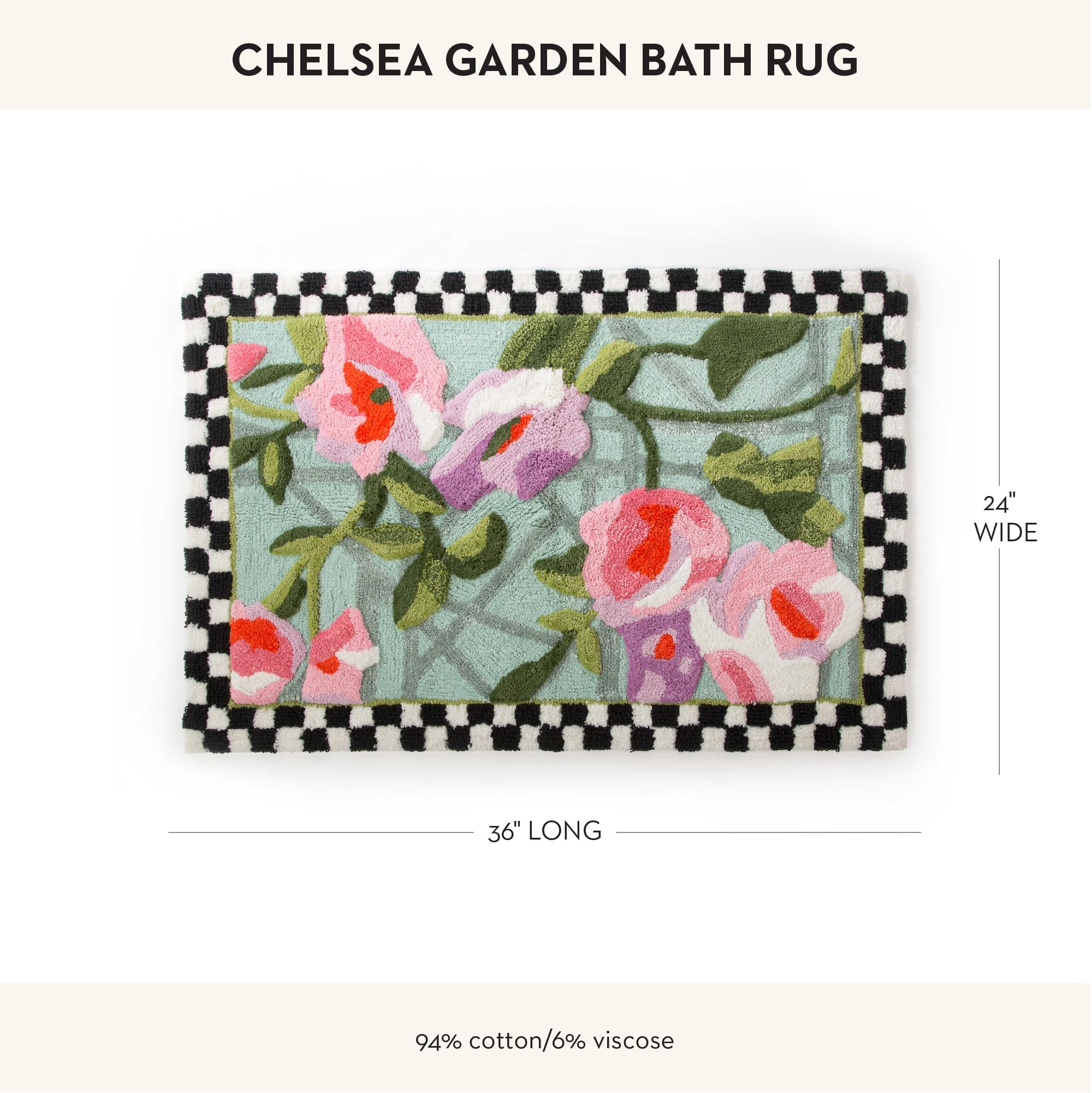 MACKENZIE-CHILDS Chelsea Garden Cotton Bath Rug - Non-Slip Absorbent Bath Mat for Bathroom, Shower & Vanity Area - Soft Machine Washable Floor Mat for Home Decor