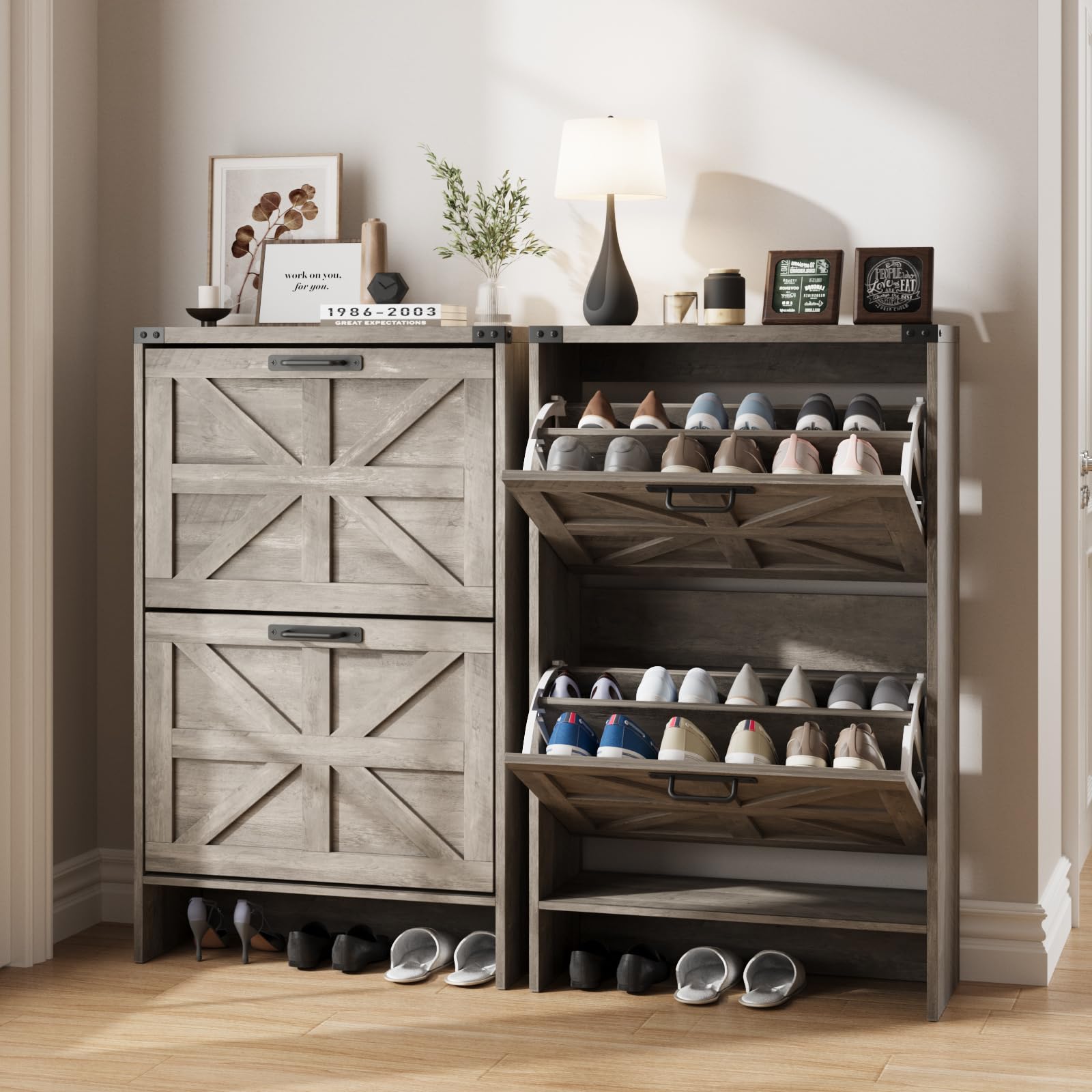 Farmhouse Style Slim Shoe Storage Cabinet with 2 Flip Drawers - Narrow Entryway Organizer for Hidden Shoes, Grey - Perfect for Small Spaces & Entryway Organization