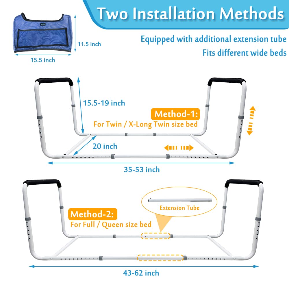 Adjustable Double Bed Rail U Bar for Medical & Home Use - Safety Assist Rail for Elderly Adults - Under Mattress Handrail Support - Fits Twin, Full & Queen Beds - Hospital & Senior Care Bed Guard (Ideal for Fall Prevention & Patient Safety)
