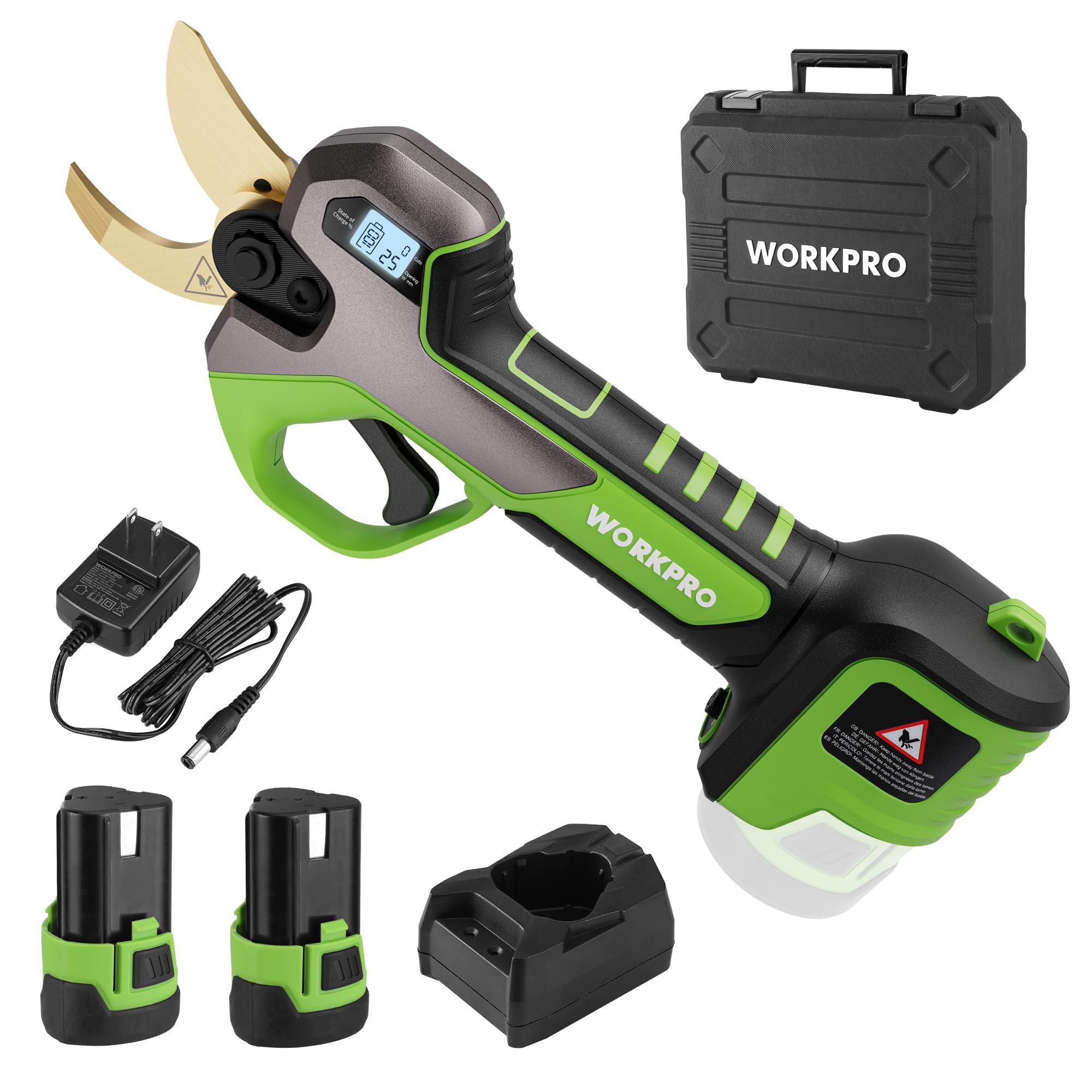WORKPRO 12V Cordless Electric Pruning Shears - 1.2 Inch Cutting Diameter Battery Powered Tree Trimmer with 2 Rechargeable Batteries & Fast Charger - Perfect for Gardening, Landscaping, and Branch Cutting