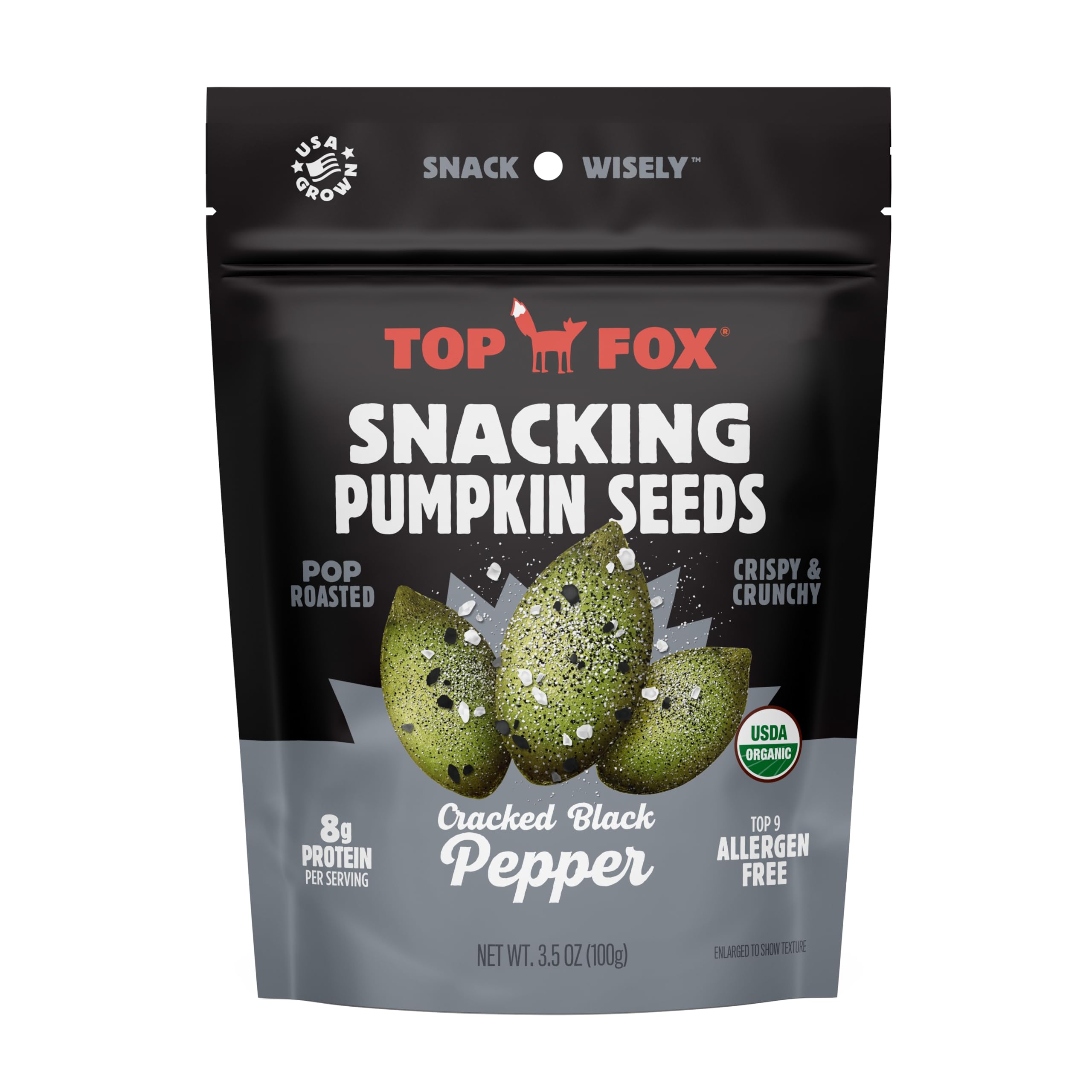 Organic Pop-Roasted Pumpkin Seeds by Top Fox Snacks | Healthy Protein Snacks - Gluten Free, Keto & Vegan Friendly (Salt & Pepper, 3.5oz - 6 Pack) | Perfect for On-the-Go, Office & Post-Workout Nutrition