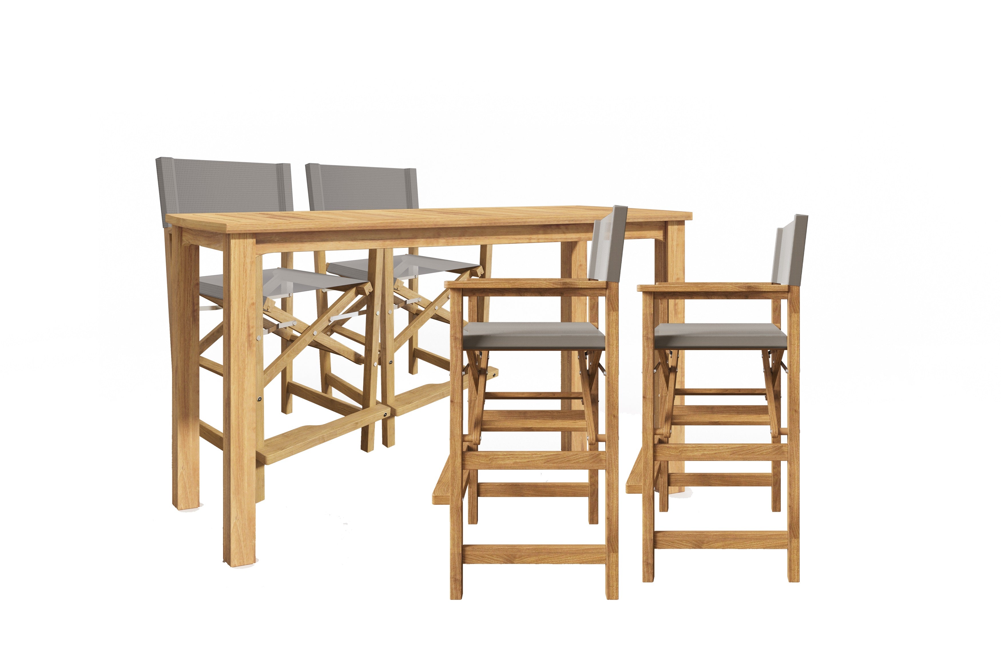 5-Piece Rectangular Teak Outdoor Counter Height Dining Set with Folding Armchairs - Taupe Patio Furniture for Backyard, Deck, or Poolside Dining