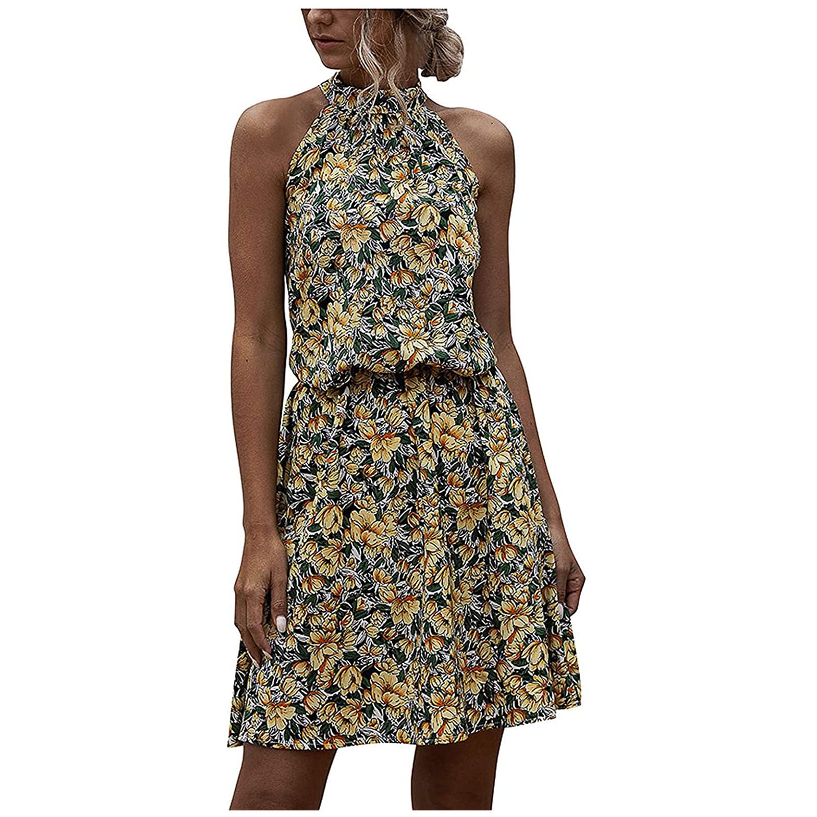Women's Floral Beach Party Dress - Casual Summer Sleeveless Halter Neck Boho Print Sundress | Perfect for Vacations, Pool Parties & Tropical Getaways