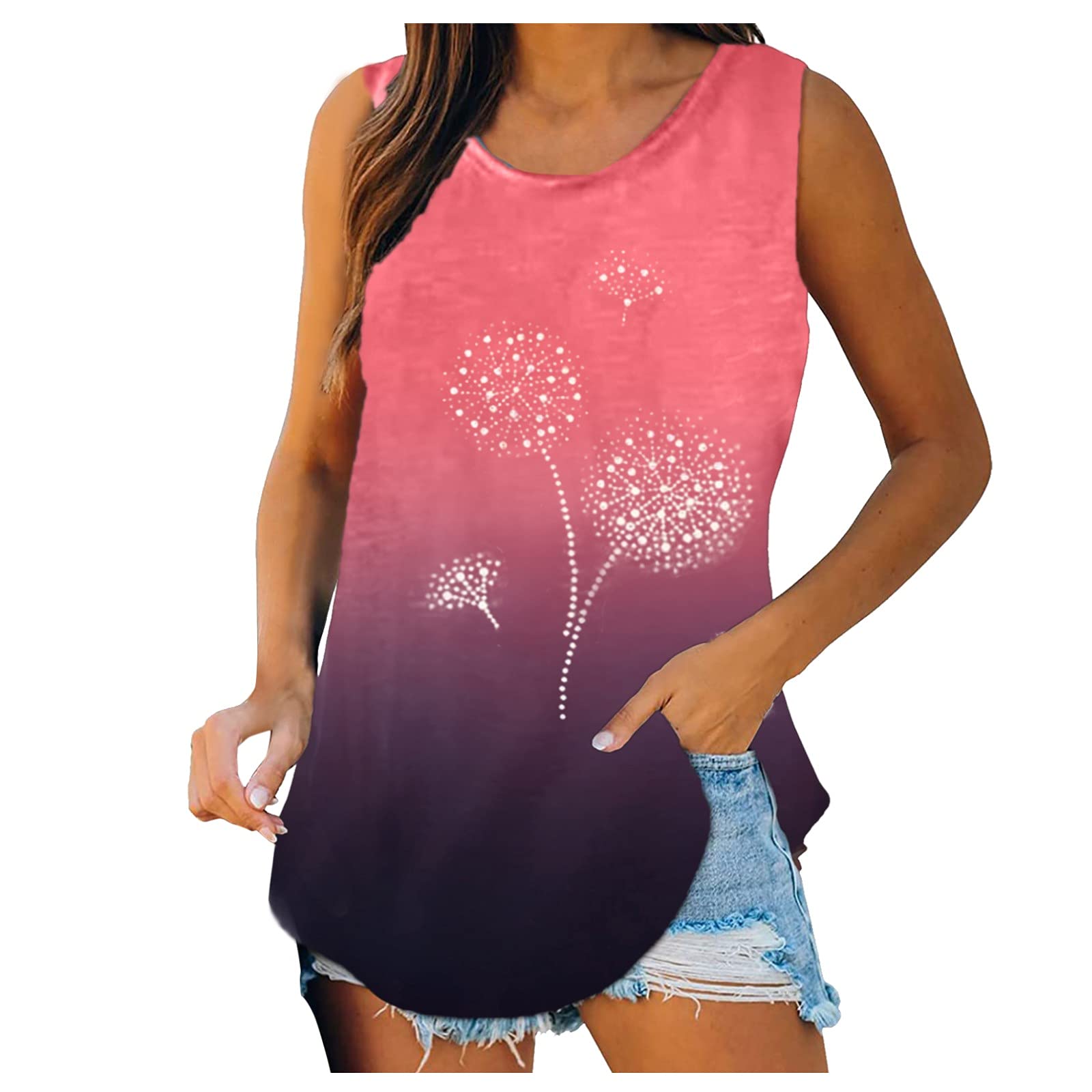 Qopobobo Women's Tank Tops - Summer Sleeveless Yoga Shirts with Dandelion Print for Gym, Workout & Casual Wear | Breathable Workout Tops & Dressy T-Shirts