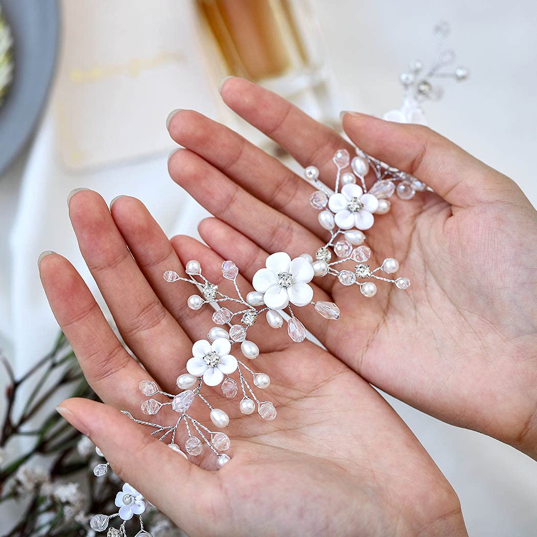 Pearl Bridal Headband with Rhinestones - Silver Wedding Hair Vine for Women & Girls - Elegant Flower Bride Hair Accessories for Weddings, Prom, Parties & Special Occasions