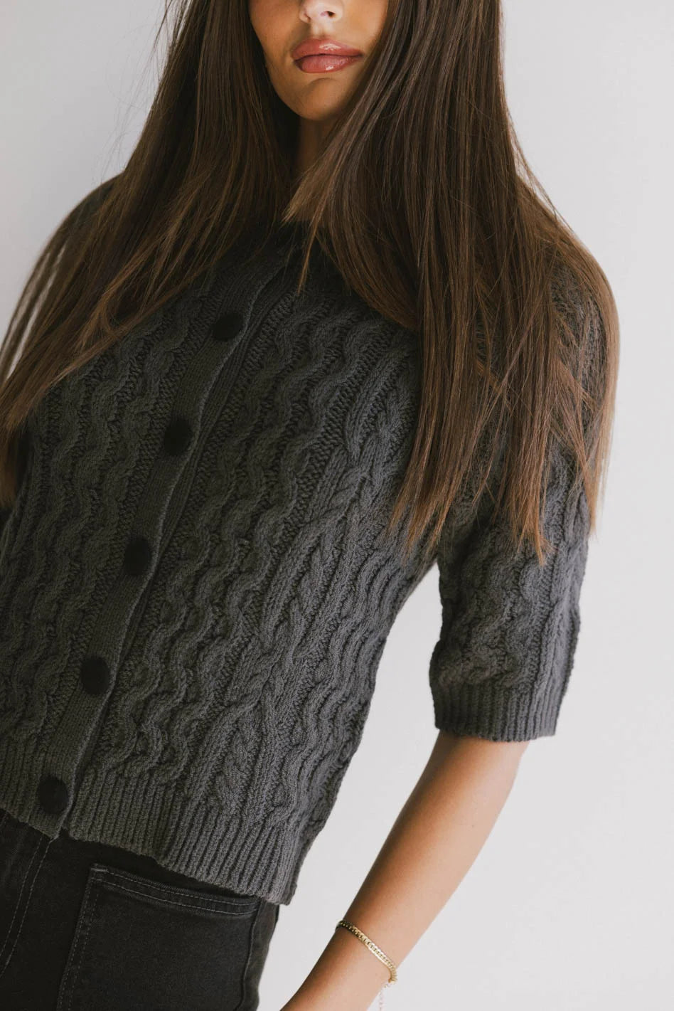 Erika Cable Knit Cardigan in Charcoal - Women's Chunky Knit Sweater | Cozy Fall & Winter Layering Piece for Casual Outfits & Office Wear