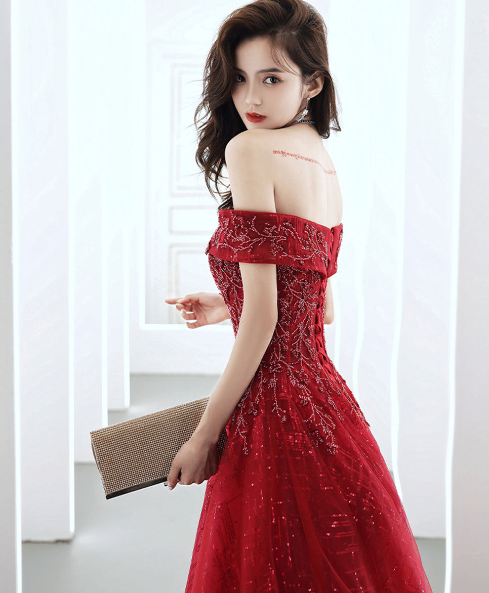 Elegant Burgundy Off Shoulder Tulle Lace Long Prom Dress for Women - Formal Evening Gown for Homecoming, Wedding, Ball & Special Occasions