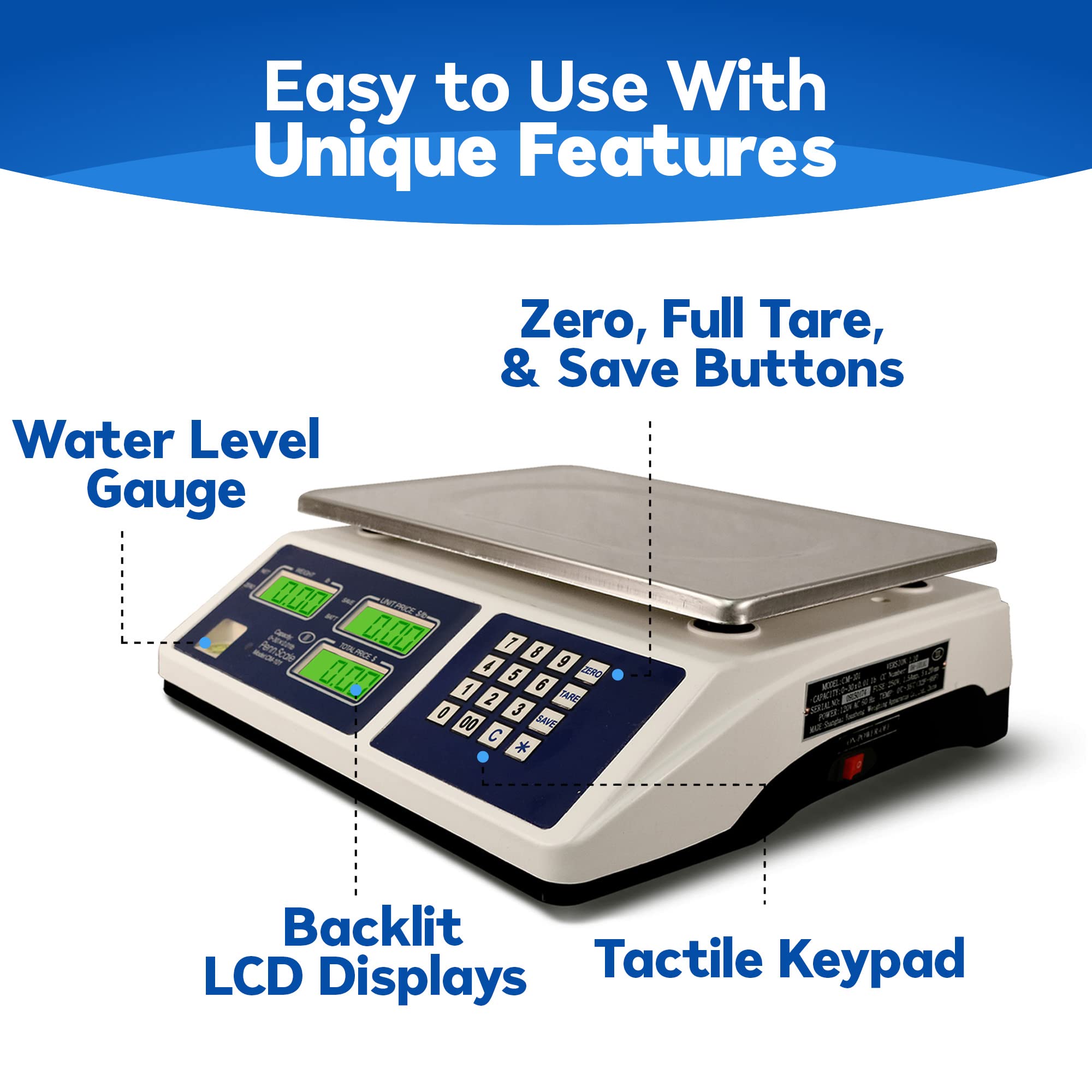 NTEP Certified CM-101 Digital Price Computing Scale - 30lb Capacity Commercial Scale with 0.01lb Precision, Rechargeable Battery & Dual LCD Display - Perfect for Grocery Stores, Farmers Markets & Retail Pricing (COC #04-101A1)