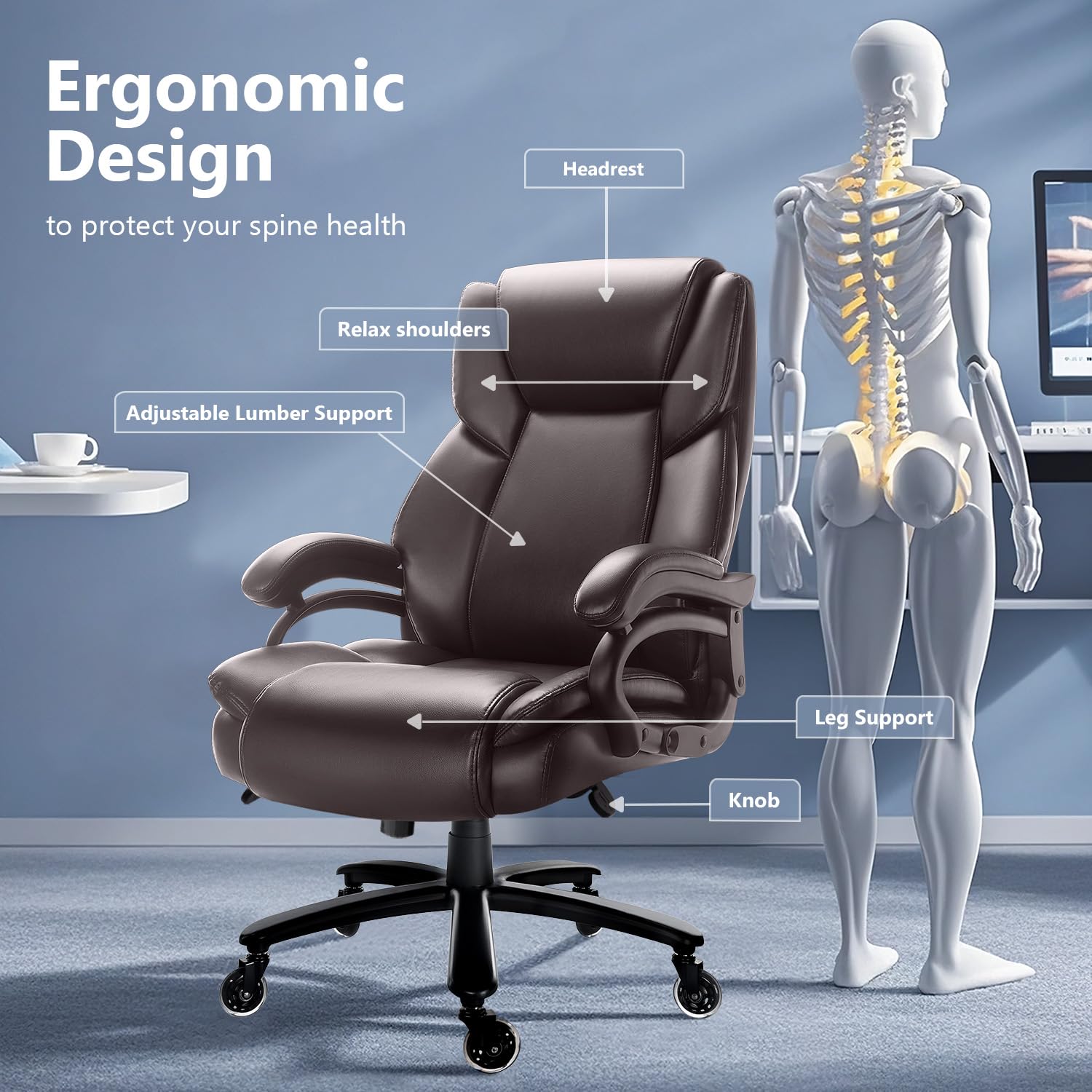 Waleaf 500lbs Heavy Duty Big and Tall Office Chair - Adjustable Ergonomic Executive Chair with Lumbar Support, High Back & Quiet Rubber Wheels - Perfect for Heavy People, Home Office, Gaming & Workspaces