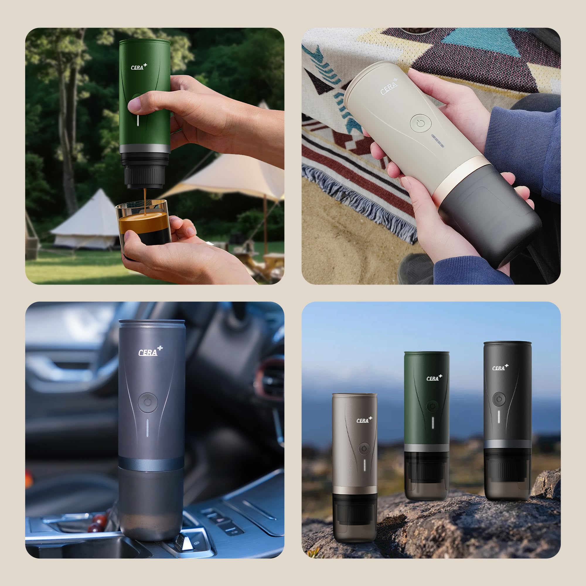 CERA+ Portable Electric Espresso Machine - 20 Bar Pressure Self-Heating Coffee Maker for NS Pods & Ground Coffee | Compact Travel, Camping, Office & Home Use (White) | Perfect for Outdoor Adventures & Daily Coffee Rituals