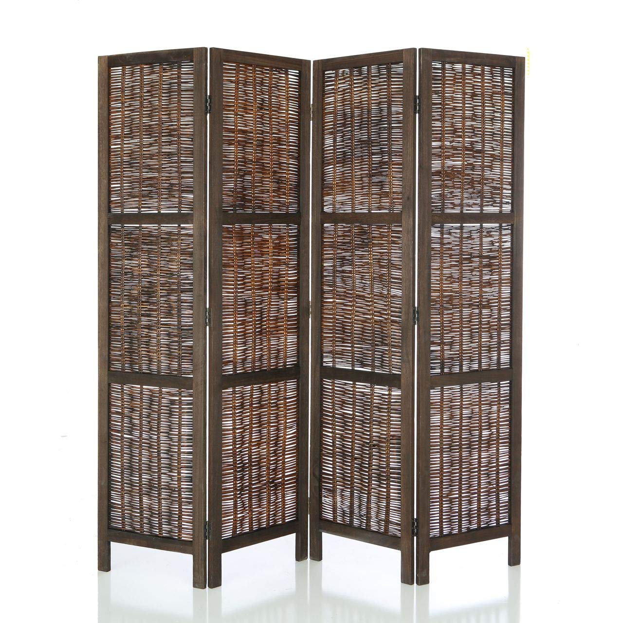 Legacy Decor 4-Panel Wicker & Wood Room Divider Screen - Antique Brown Finish for Bedroom Privacy, Office Partition & Home Decor