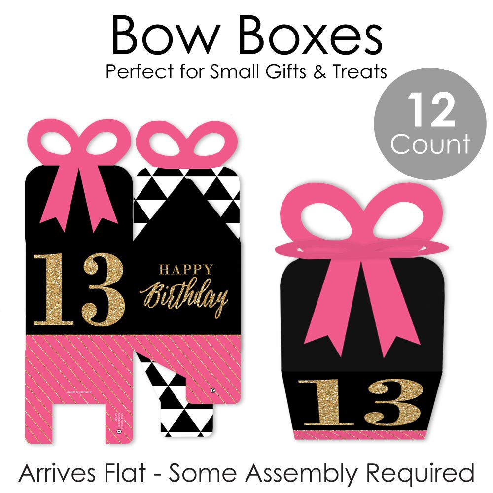 Chic 13th Birthday Gift Boxes - Pink, Black & Gold - Set of 12 for Party Favors