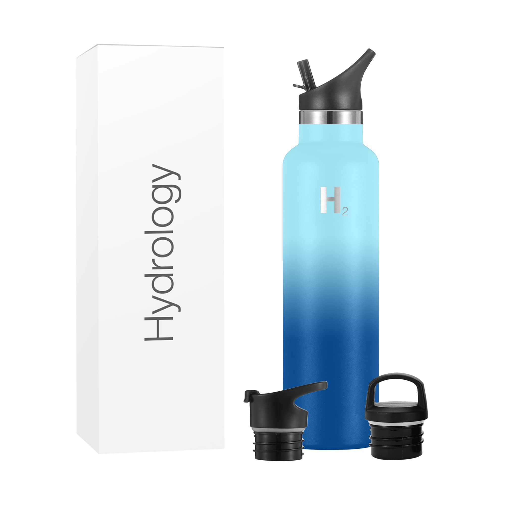 H2 Hydrology Narrow Mouth Stainless Steel Insulated Water Bottle - 24oz Vacuum Double Wall Thermos for Hot & Cold Drinks - Leakproof Sports Bottle with 3 Lids (Cool Water) - Perfect for Gym, Hiking, Camping and Outdoor Activities
