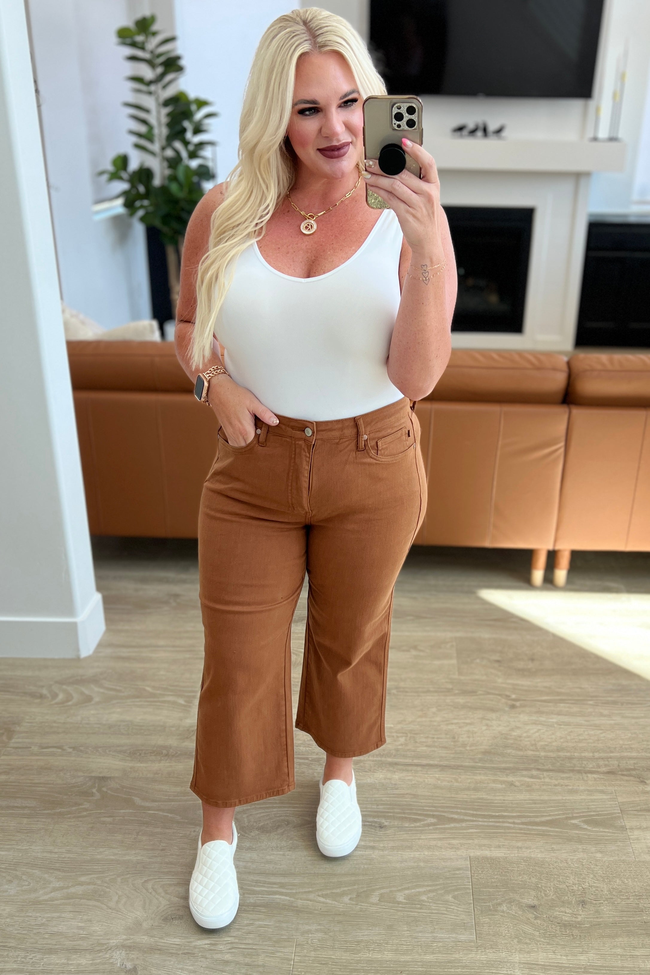 Briar High Rise Control Top Wide Leg Crop Jeans in Camel - Comfortable Stretch Denim Pants for Women, Casual & Office Wear