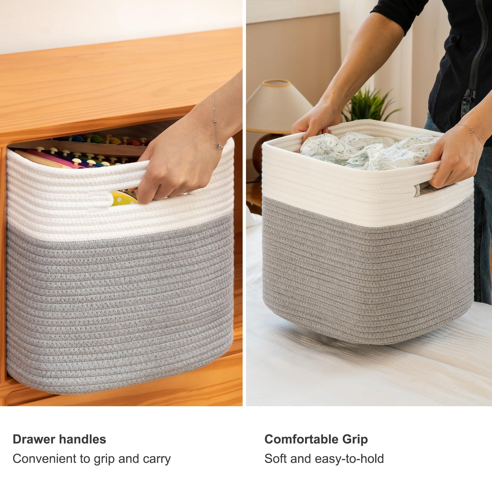 11 Inch Cotton Rope Storage Cubes - 3-Pack Woven Organizing Baskets for Shelves, Closet & Nursery | Grey Square Storage Bins - Perfect for Home Organization, Baby Room & Closet Storage