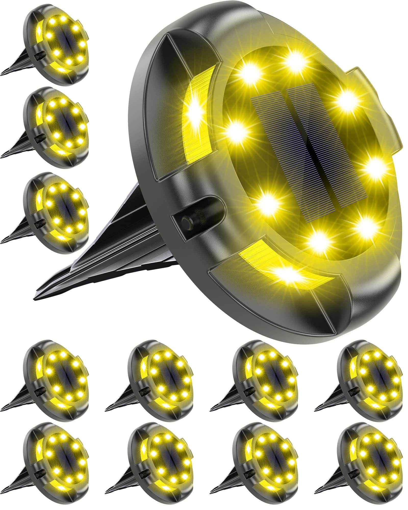 12 Pack Solar Ground Lights - Waterproof Outdoor Uplight & Sidelight for Yard, Driveway, Garden, Poolside (Warm White) | Perfect for Landscape Lighting, Pathway Illumination, and Backyard Decor