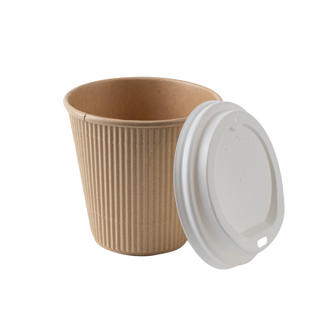 8 oz Eco-Friendly Kraft Paper Coffee Cups with White Lids - 3.5