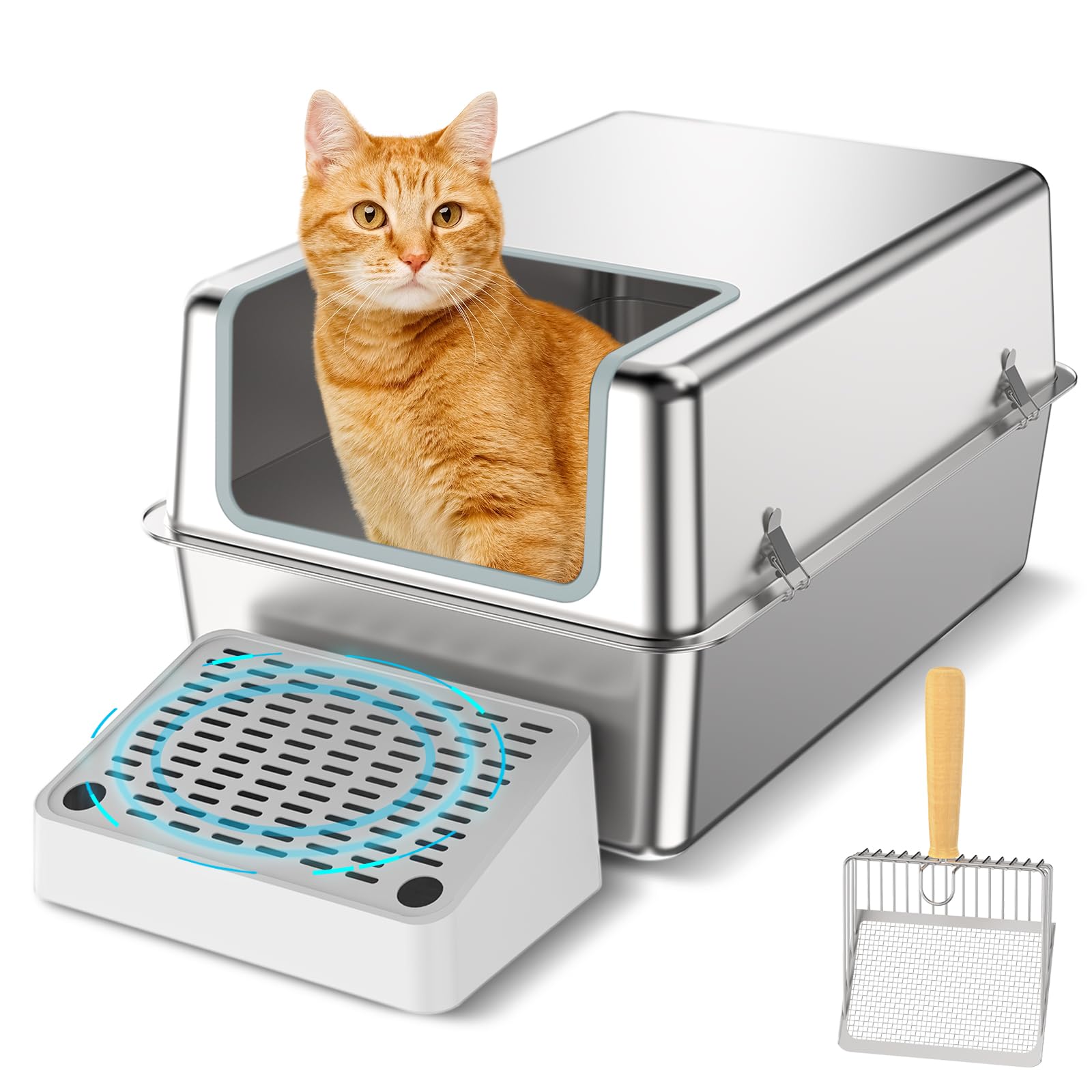 Premium Stainless Steel Enclosed Cat Litter Box with Lid - XL Extra Large Metal Litter Pan with Scoop & Filter Pedal - High Sided Non-Stick Kitty Litter Box for Odor Control - Perfect for Small Spaces & Multi-Cat Homes