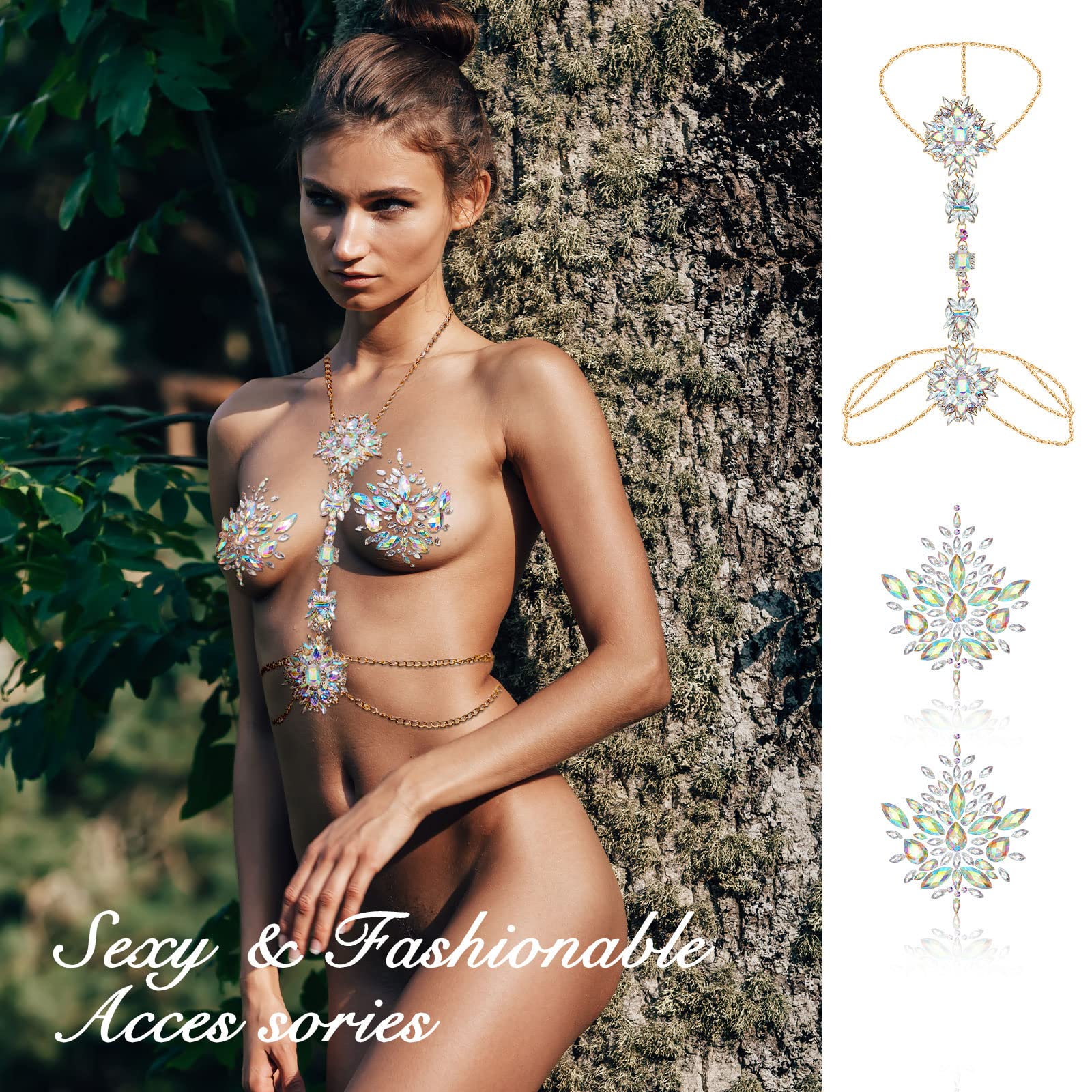 Boho Rhinestone Statement 2-Piece Adhesive Body Chain Jewelry Set for Women | Waterproof Chest Chain for Beach, Festival & Summer Outfits