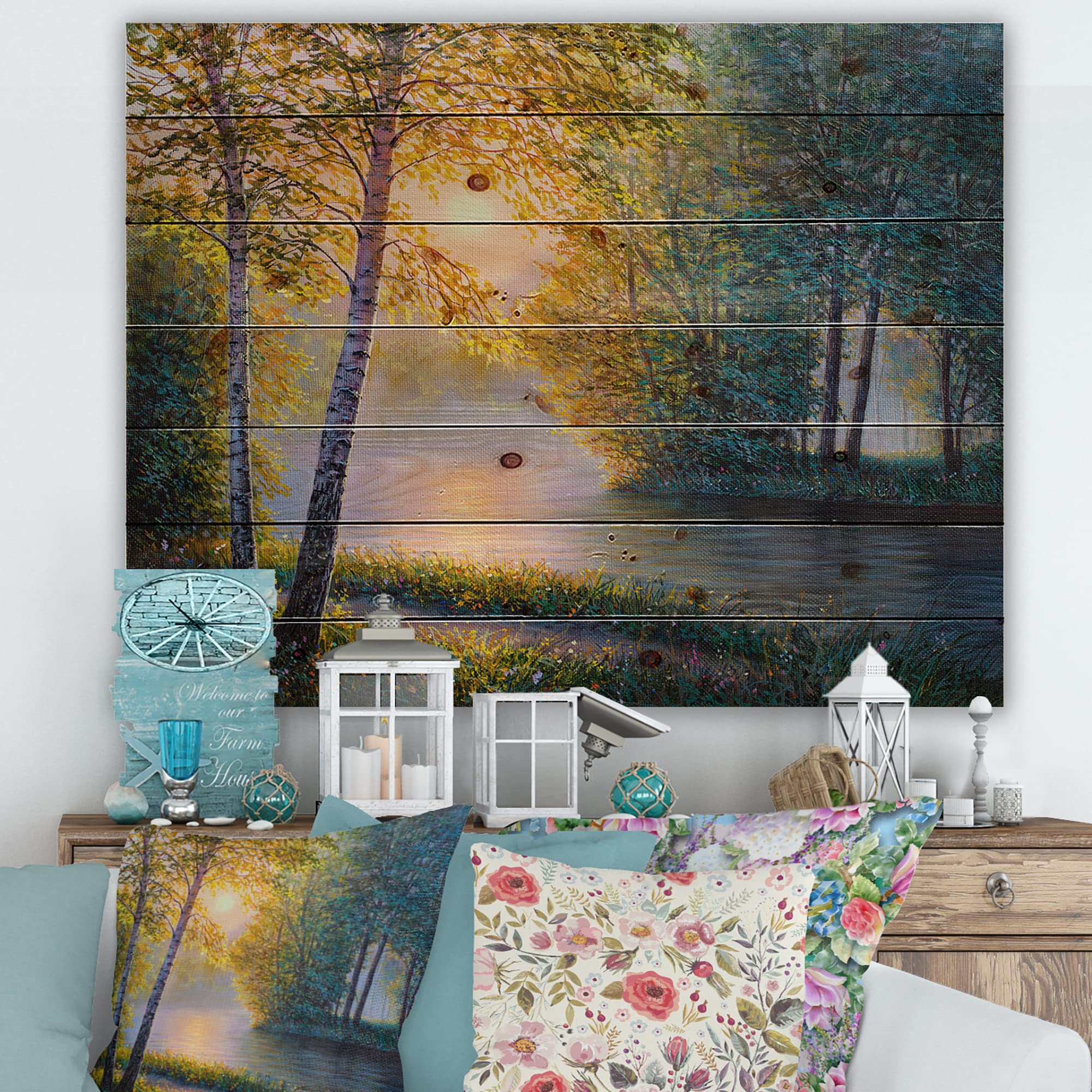 Morning Summer River Spring Forest Lake House Wood Wall Decor - Green Wood Wall Art, Large Landscape Wood Panels Printed on Natural Pine - Perfect for Living Room, Bedroom & Office Decor
