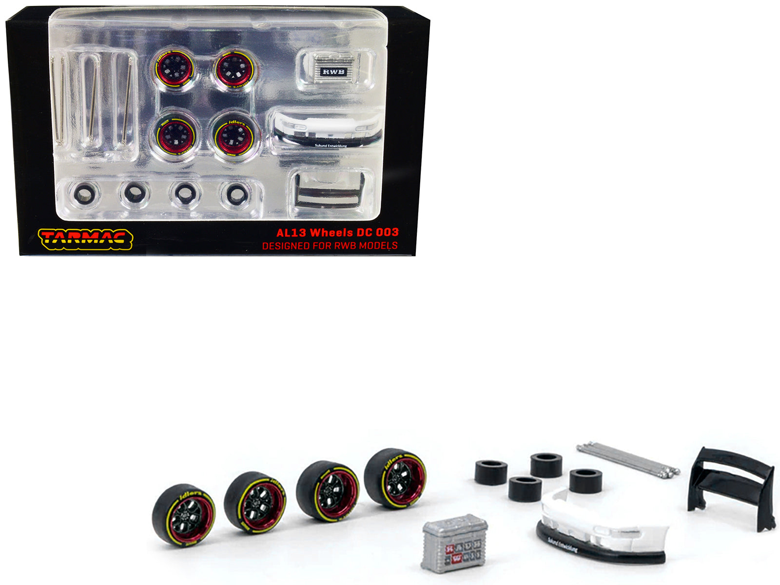 Tarmac Works AL13 Wheels DC 003 Red & Black 1/64 Scale Wheels for RWB Model Cars - Perfect for Diecast Car Customization & Display Collections
