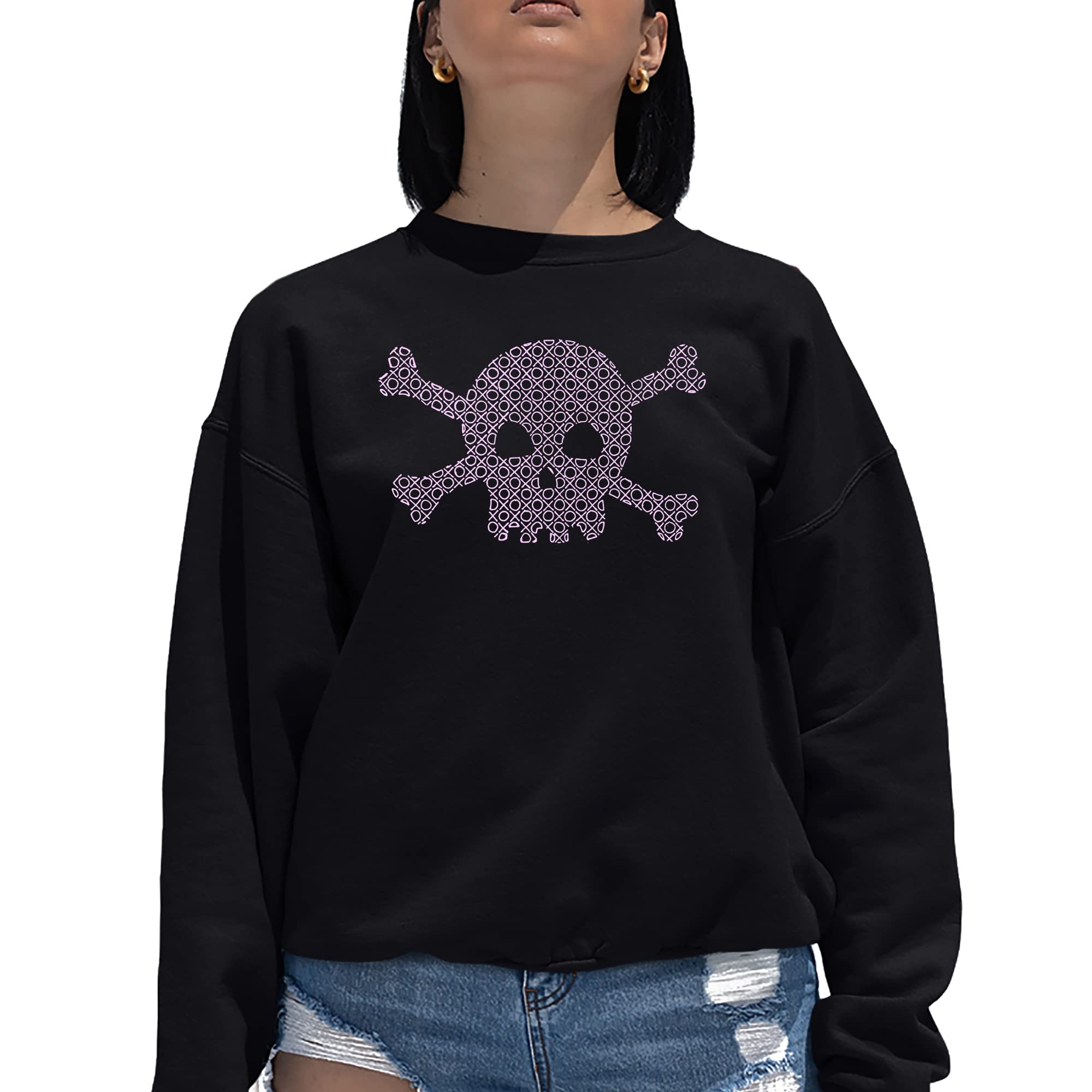 LA POP ART Women's XOXO Skull Word Art Crewneck Sweatshirt | Trendy Graphic Pullover for Casual Wear, Street Style & Gift Giving