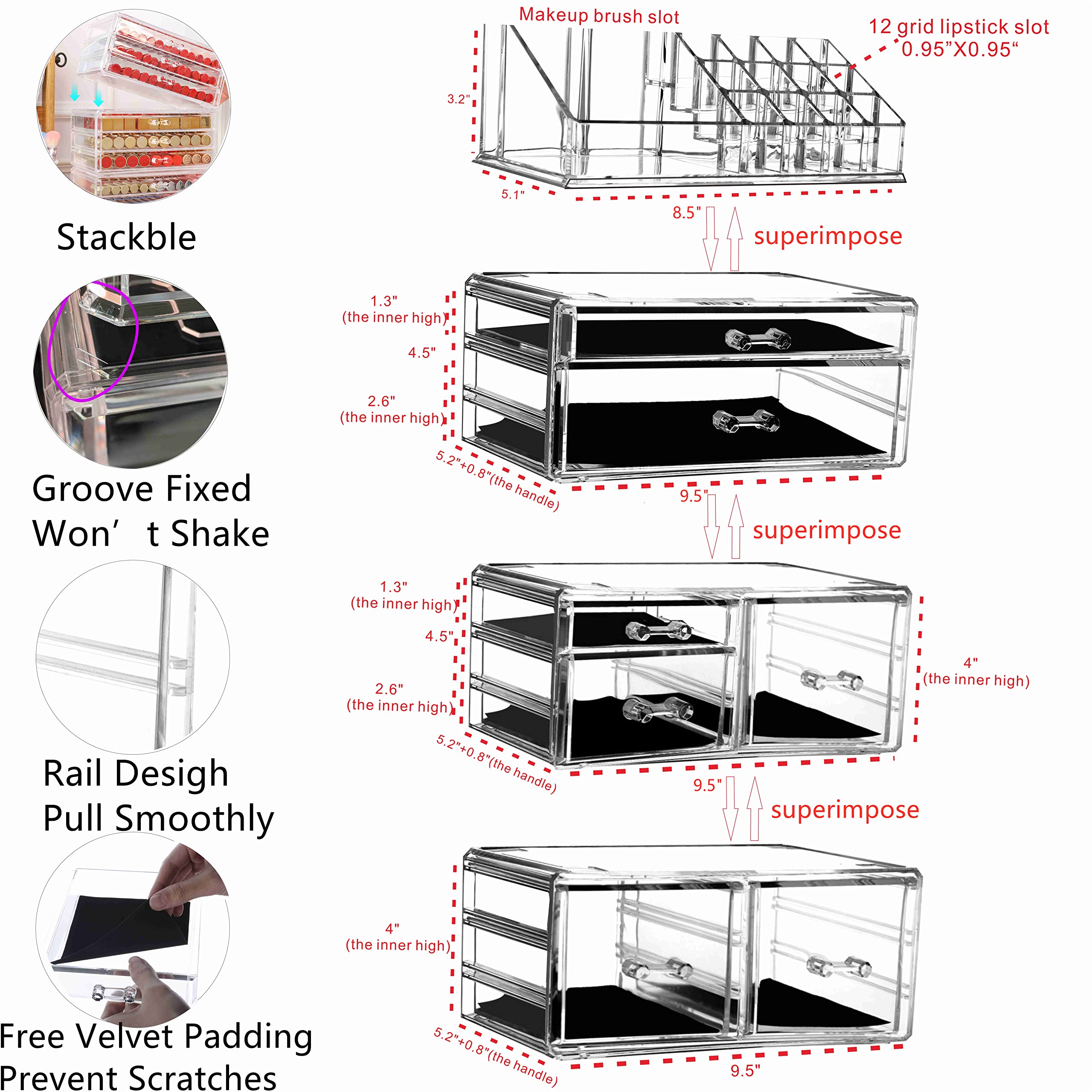 4 Pack Clear Acrylic Makeup Organizer Set - Stackable 7-Drawer Vanity Storage for Jewelry, Hair Clips & Skincare | Beauty Desk Organizer for Bedroom, Bathroom & Dressing Table