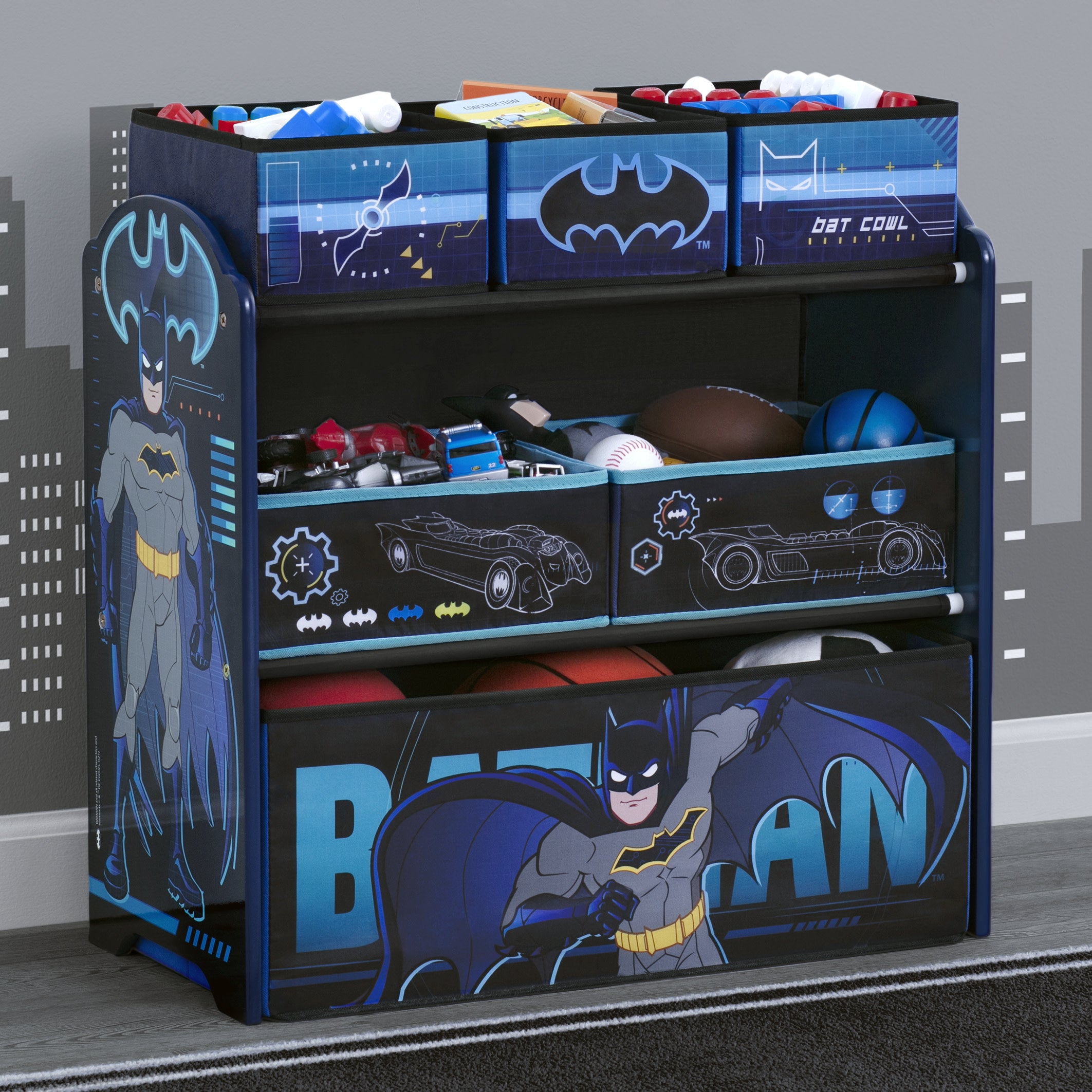 Batman Toy Organizer with 6 Bins - Kids Room Storage Solution for Toys, Books & School Supplies - Perfect for Playrooms, Bedrooms & Daycare Centers